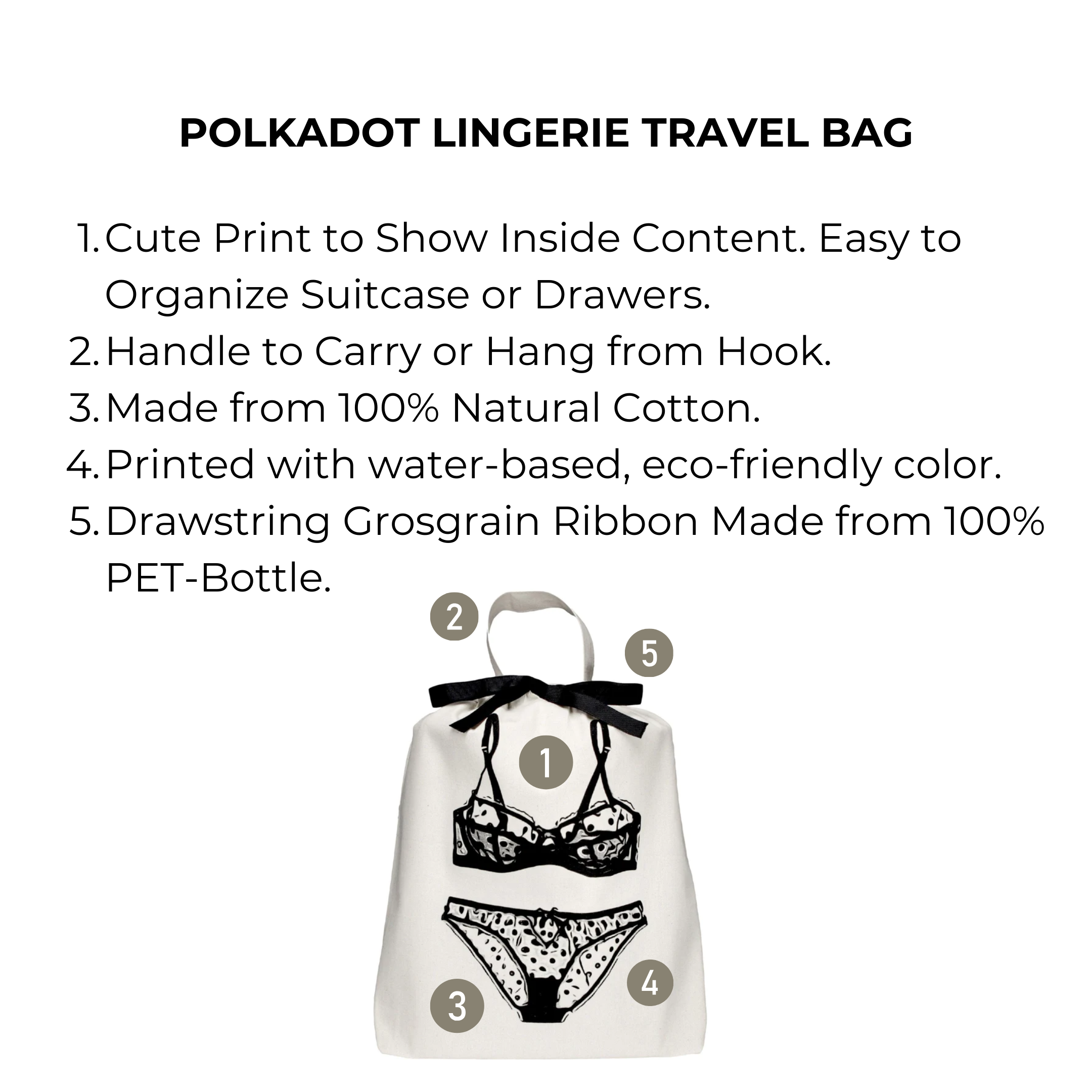 Bag-all Polkadot Lingerie Travel Bag in cream with illustrated lingerie print, eco-friendly cotton construction, drawstring closure, and hanging hook for organized travel storage