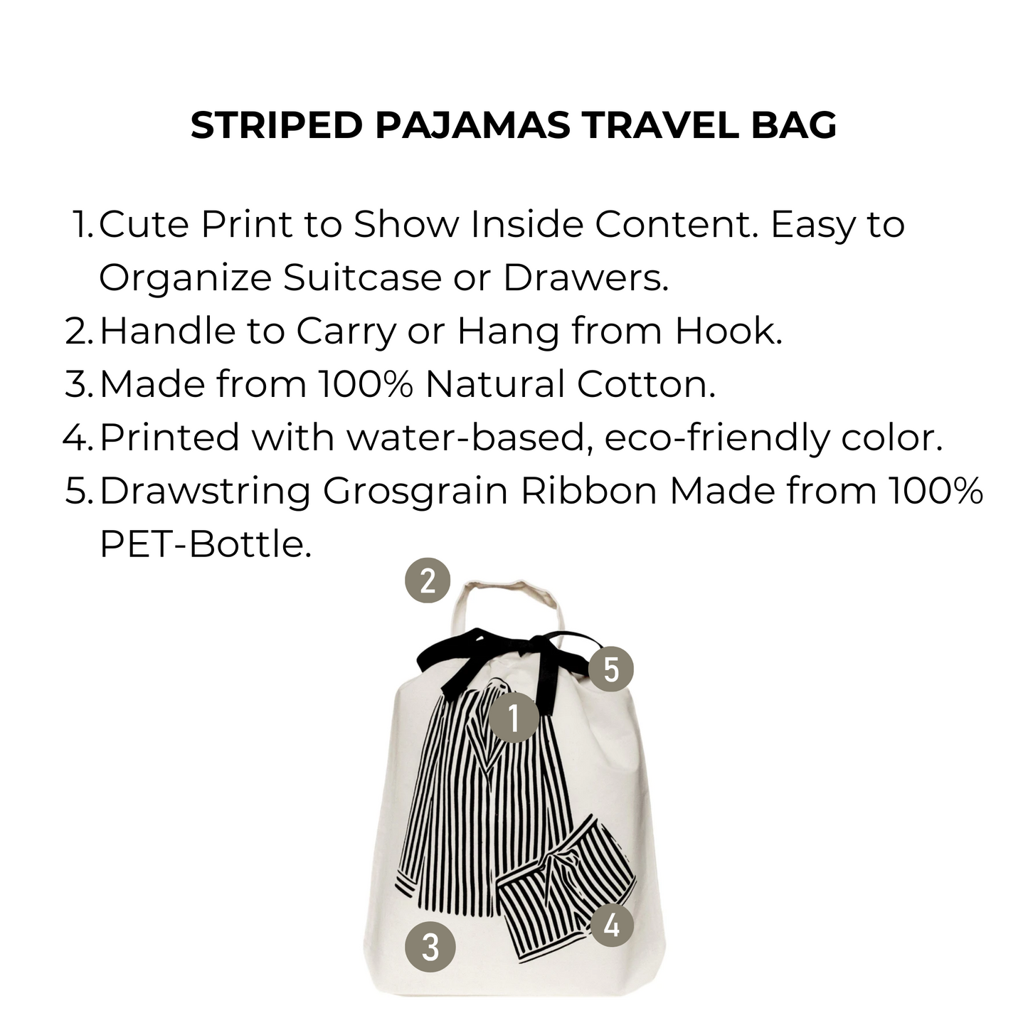 Bag-all Striped Pajamas Travel Bag in cream cotton with black striped pajama print, eco-friendly drawstring organizer for travel and home storage