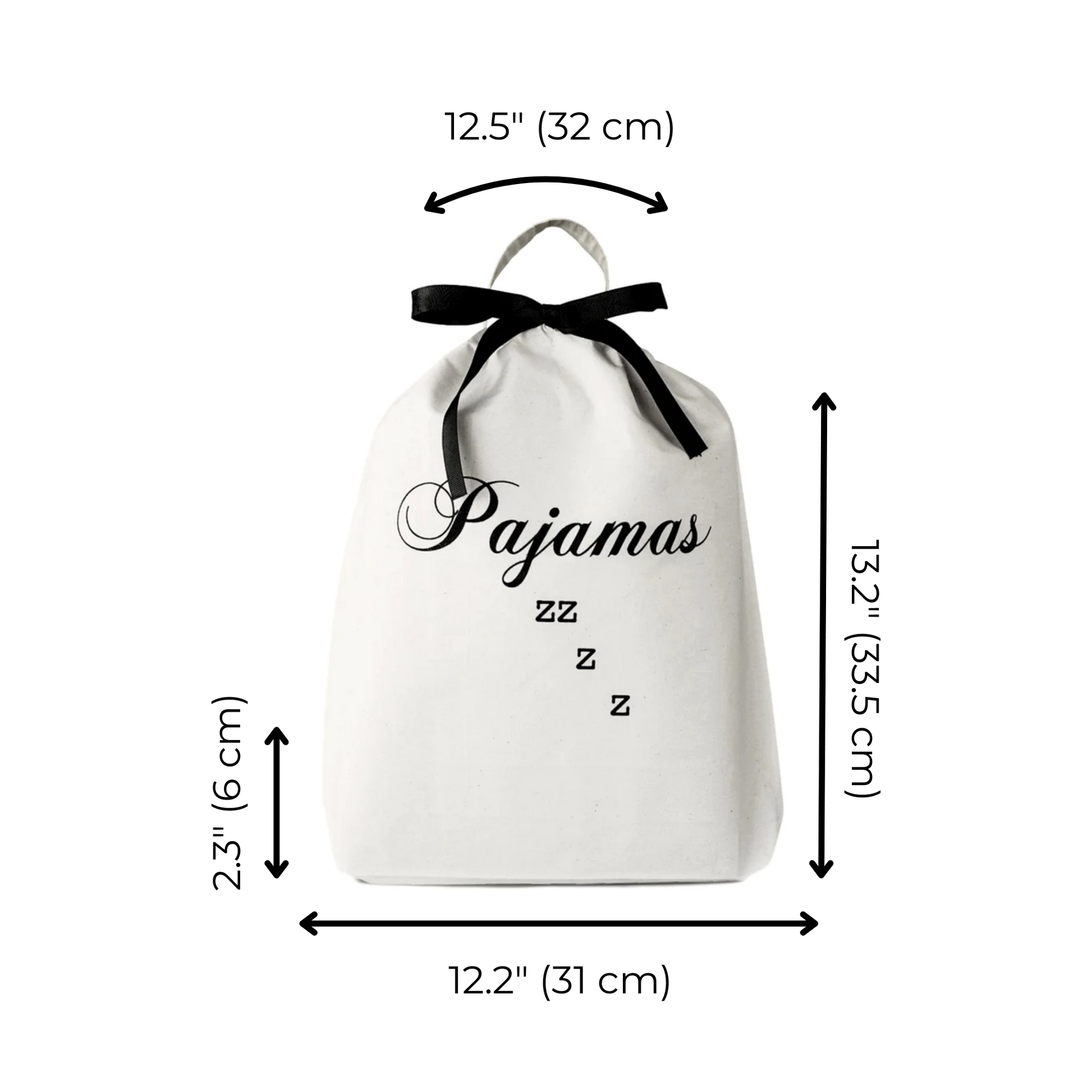 Bag-all Pajamas Zzzz Travel Bag in cream cotton with black bow, featuring dimensions 32x31cm and decorative 'Pajamas' text with sleeping Z's design