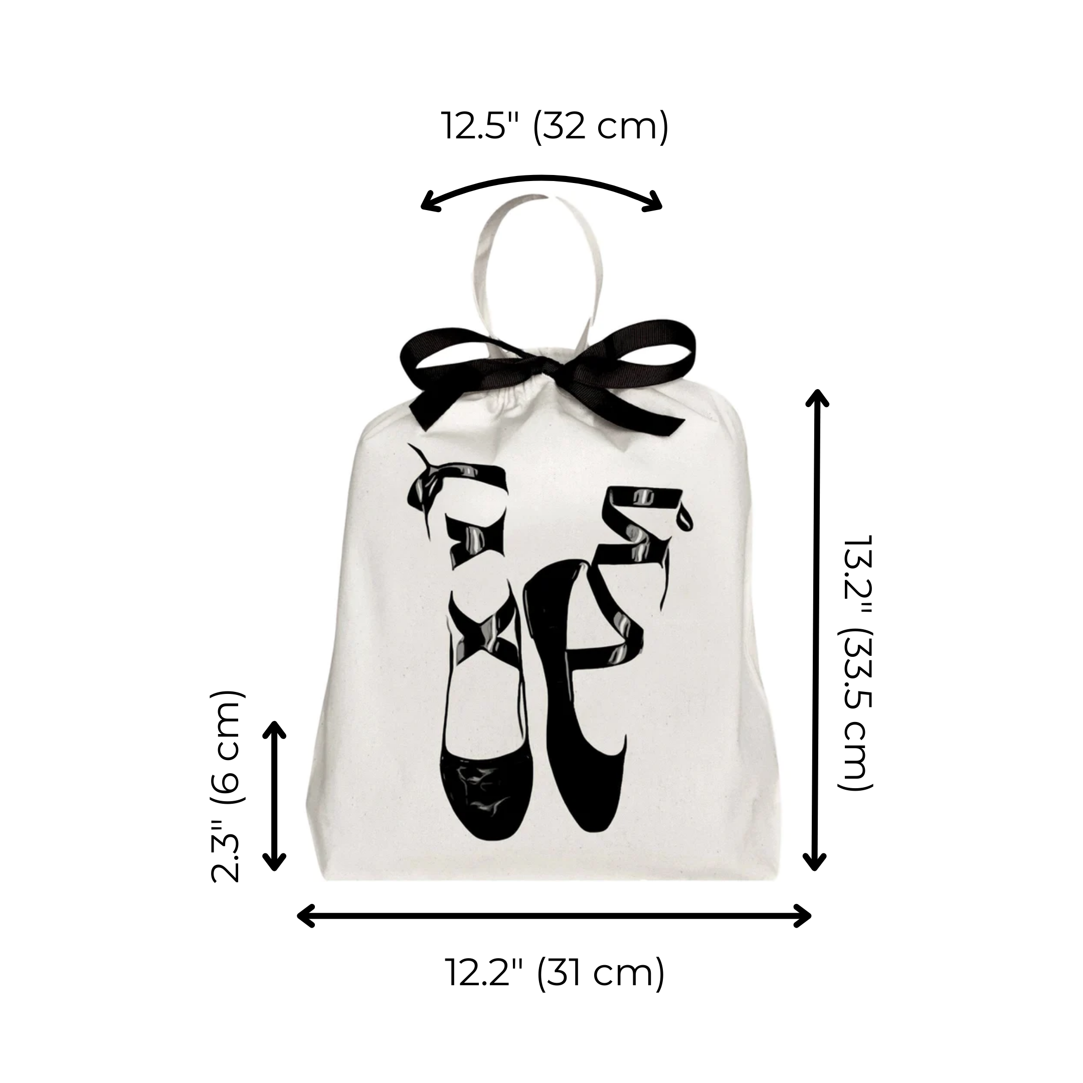 Bag-all Pointe Ballerina Shoe Bag in cream cotton featuring black ballet shoe print design, black ribbon tie, and measurements 32x31cm with hanging loop