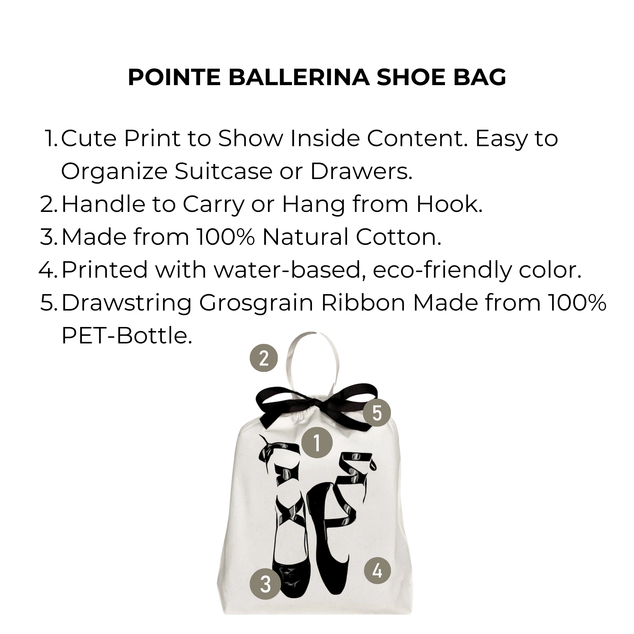 Bag-all Pointe Ballerina Shoe Bag in cream cotton with black ballet shoe print, eco-friendly drawstring closure and hanging handle, perfect for storing dance shoes and organizing accessories