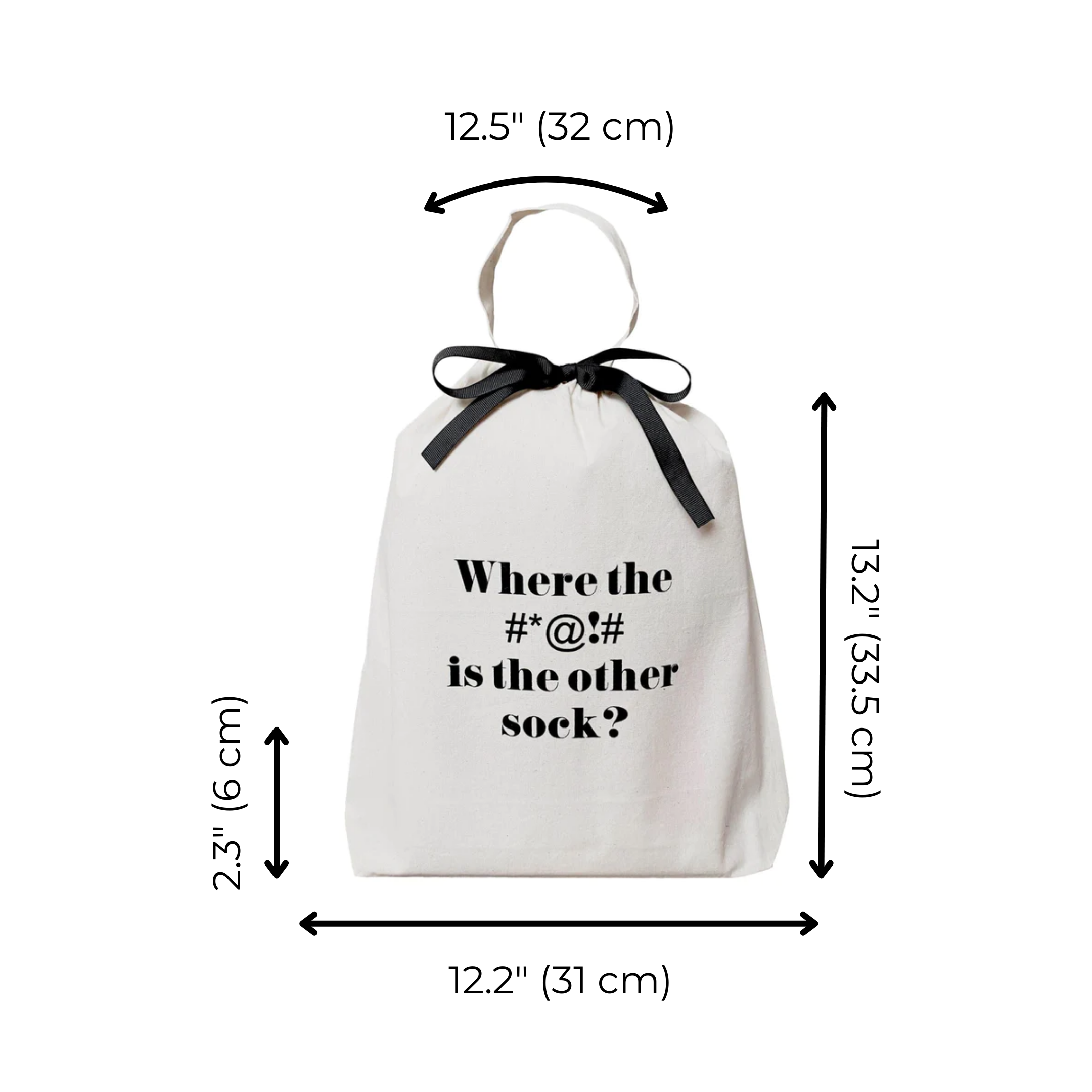 Bag-all Where #*@!# Sock Bag in cream cotton with black bow and humorous text print, measures 12.5x13.2 inches, perfect for organizing missing socks