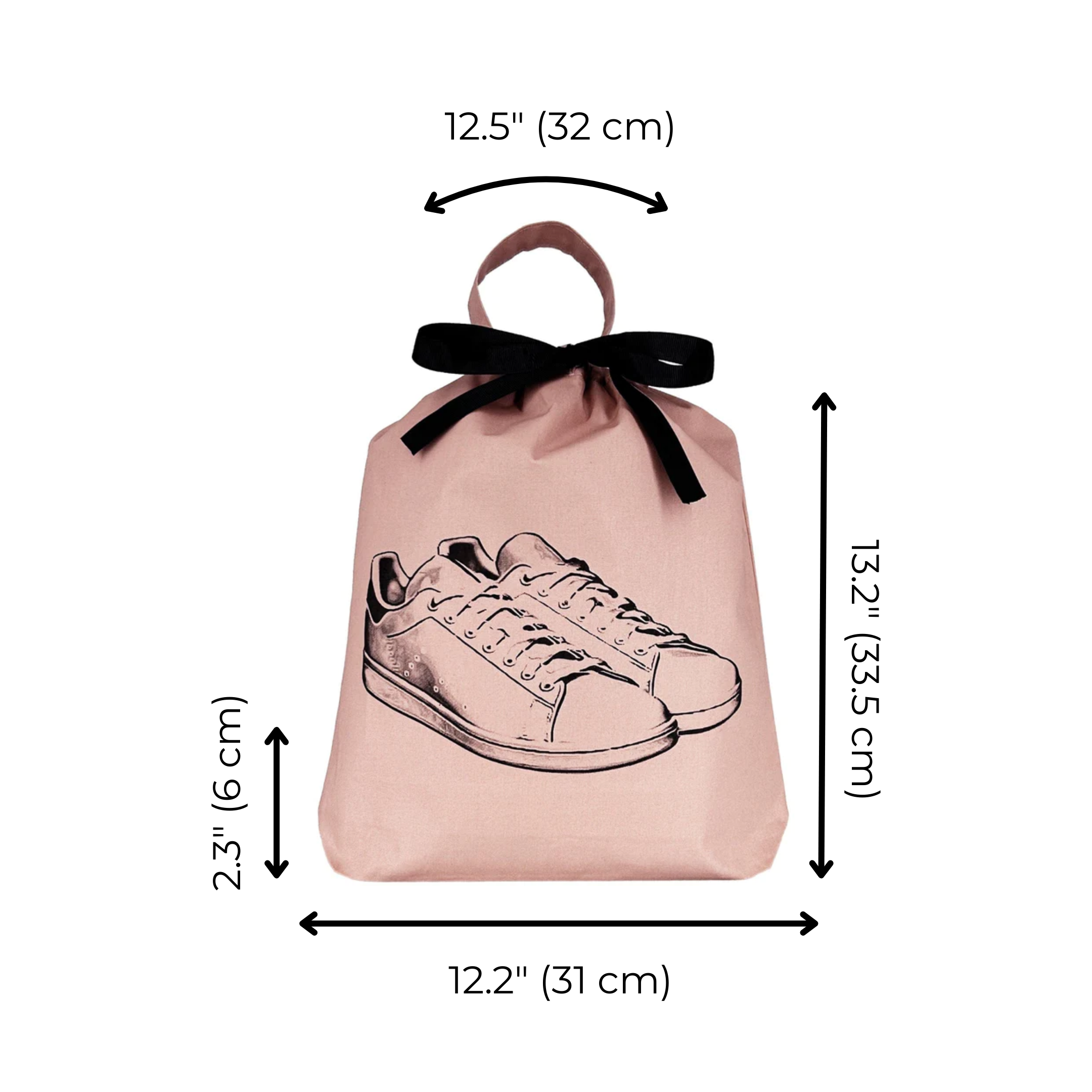 Bag-all Tennis Sneaker Shoe Bag in pink/blush cotton with black bow tie closure, featuring sneaker illustration and dimensions: 12.5" x 13.2" x 12.2
