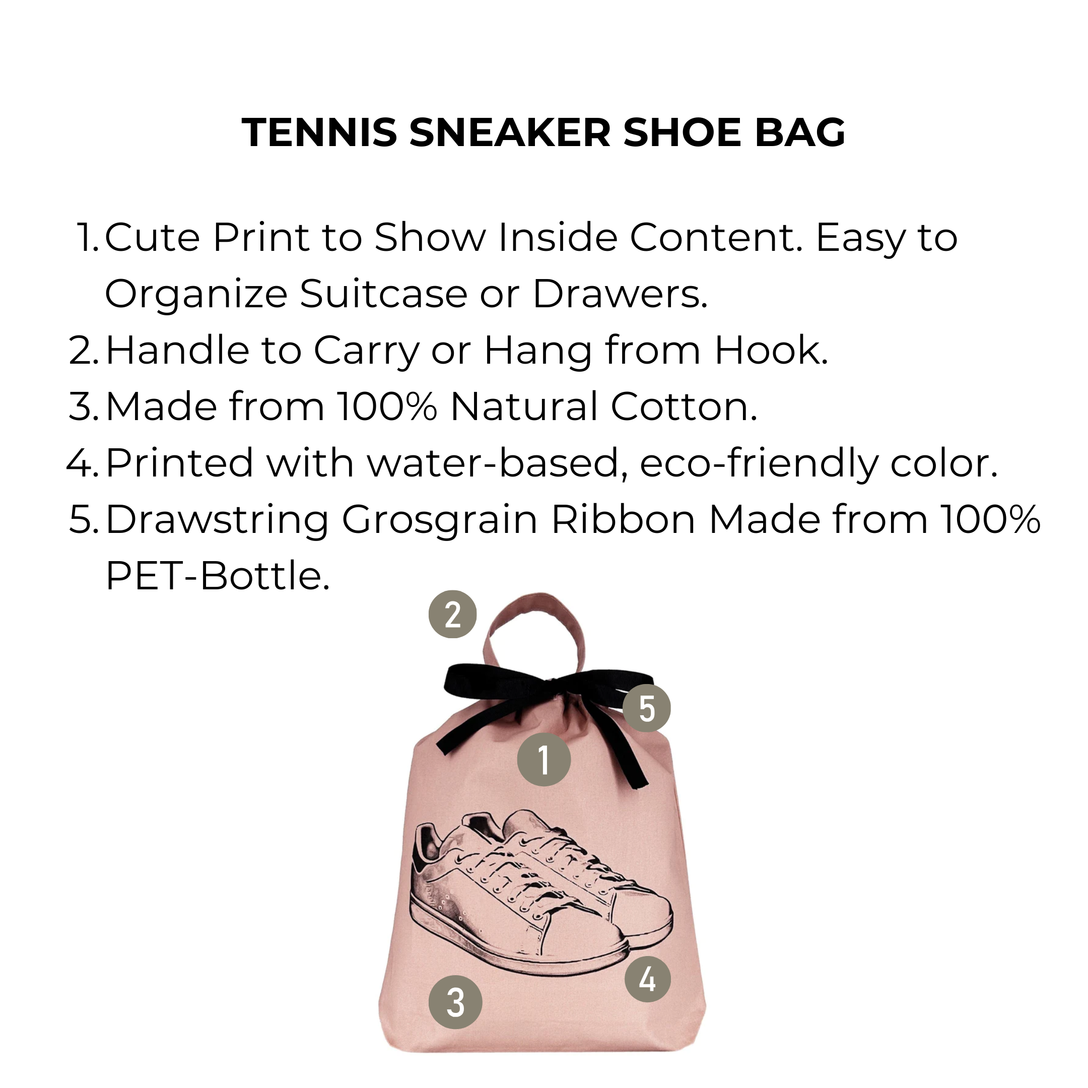 Bag-all Tennis Sneaker Shoe Bag in Pink/Blush featuring eco-friendly cotton construction, cute sneaker print, recycled drawstring closure, and carrying handle for organized travel and storage