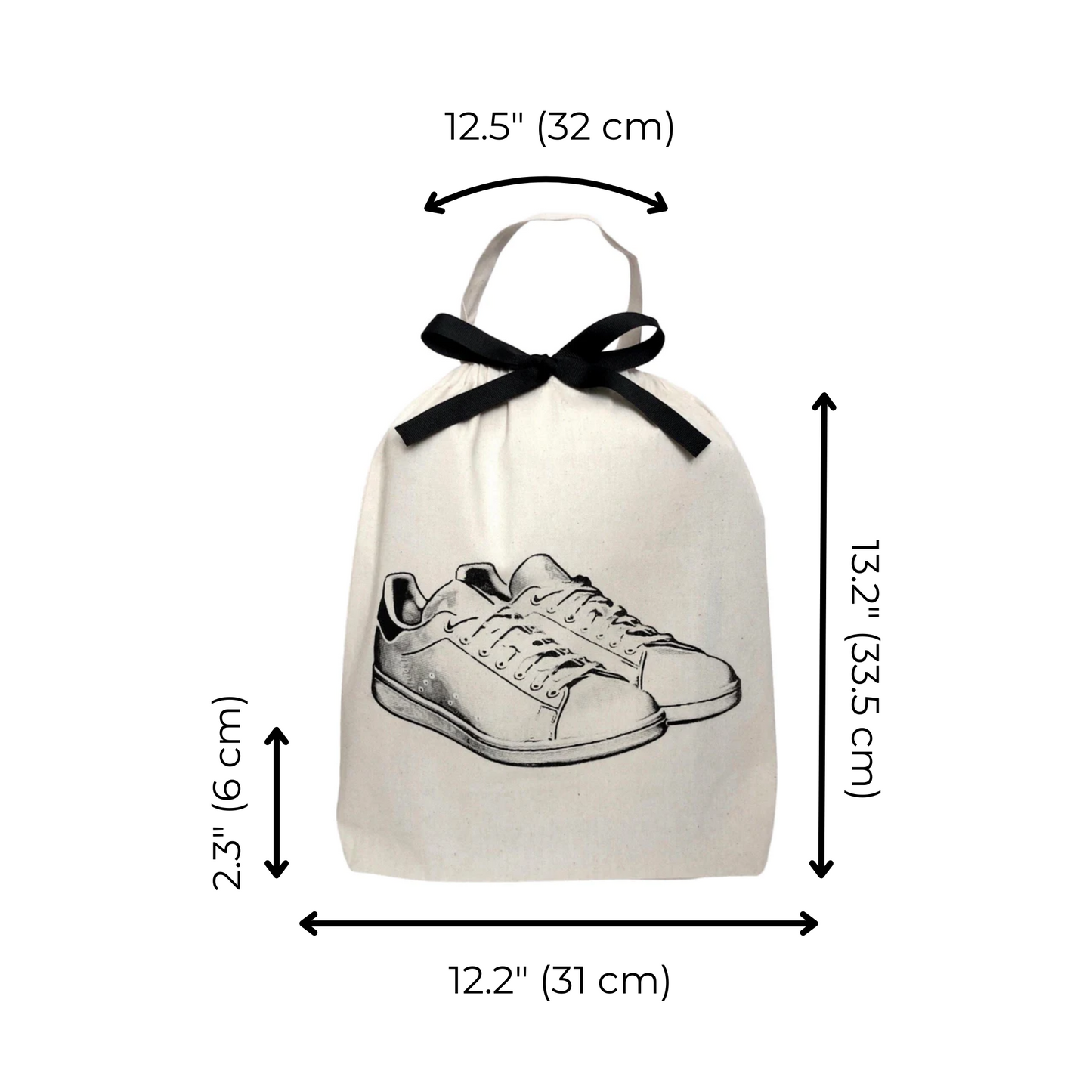 Bag-all White Sneaker Shoe Bag in cream cotton featuring black sneaker illustration, drawstring closure with bow, and measurements of 13.2" x 12.2" x 12.5