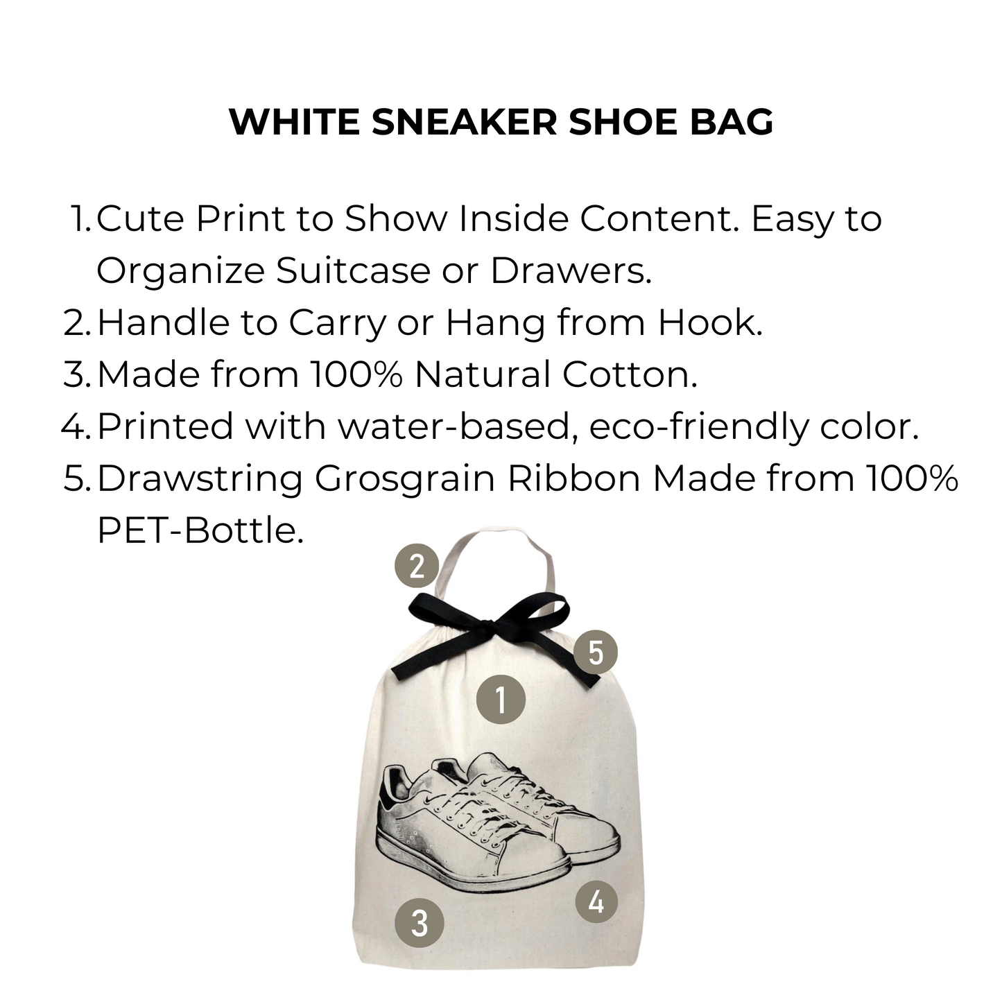 Bag-all White Sneaker Shoe Bag in cream cotton with recycled drawstring, featuring sneaker print design and carry handle for travel organization and footwear protection