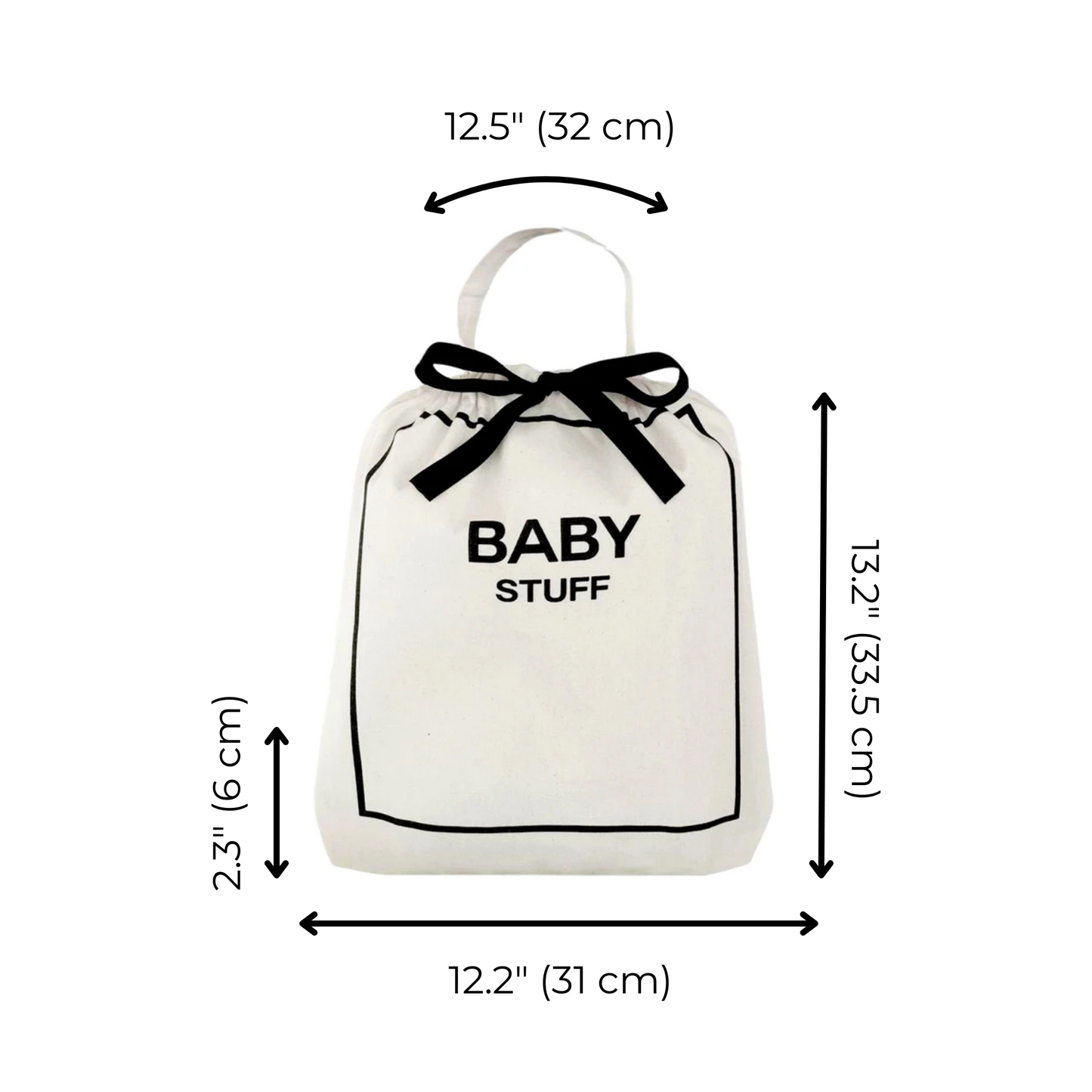 Bag-all Baby Stuff cotton organizing bag with black bow and text, featuring measurement details 12.5 inches wide, 13.2 inches tall, and 2.3 inches deep