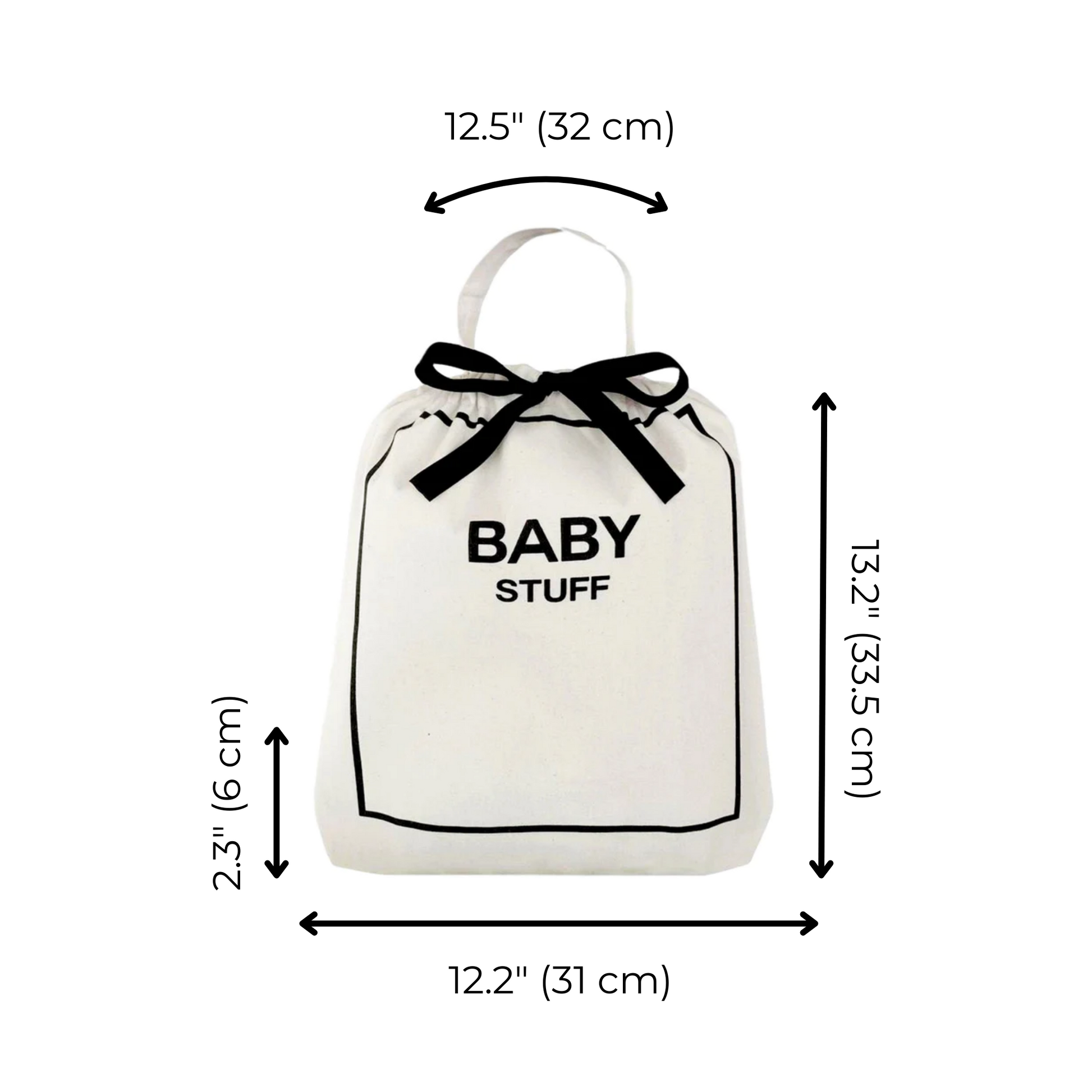 Bag-all Baby Stuff cotton organizing bag with black bow and text, featuring measurement details 12.5 inches wide, 13.2 inches tall, and 2.3 inches deep