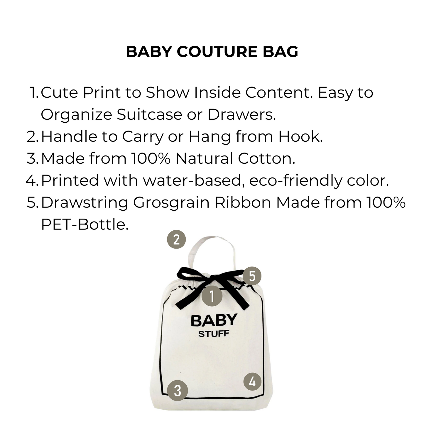 Bag-all Baby Couture Bag - Eco-friendly natural cotton organizer with recycled PET ribbon drawstring, cute baby stuff print, and convenient hanging handle