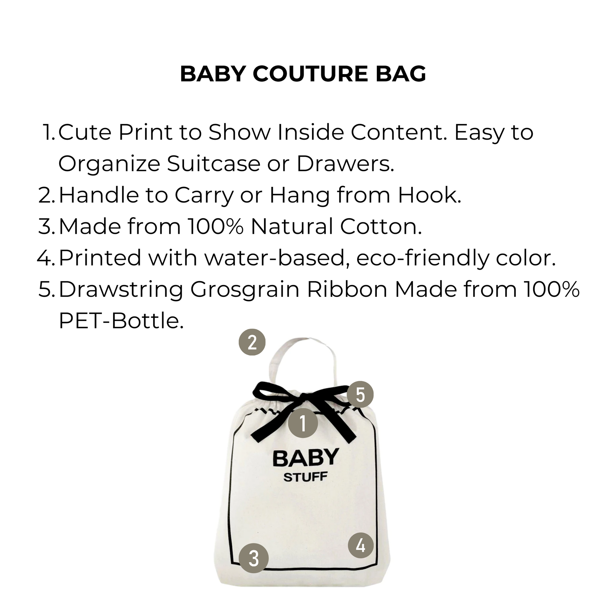 Bag-all Baby Couture Bag - Eco-friendly natural cotton organizer with recycled PET ribbon drawstring, cute baby stuff print, and convenient hanging handle