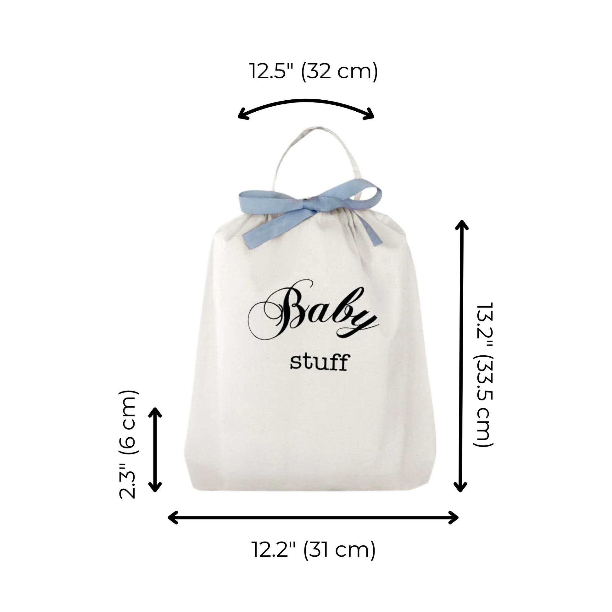 Bag-all Baby Stuff cotton storage bag with blue bow, white fabric organizer measuring 32x31x6cm, perfect for organizing baby essentials and gifts