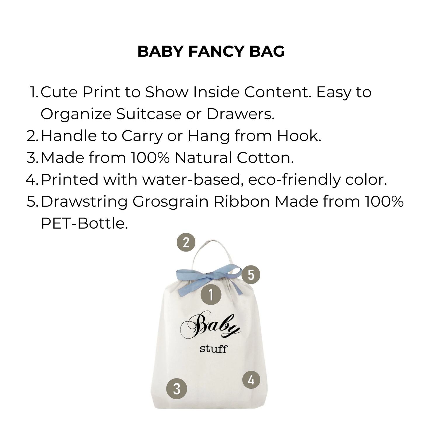 Bag-all Baby Fancy Bag - eco-friendly cotton organizer with cute print, recycled ribbon drawstring, and versatile hanging handle for baby essentials storage