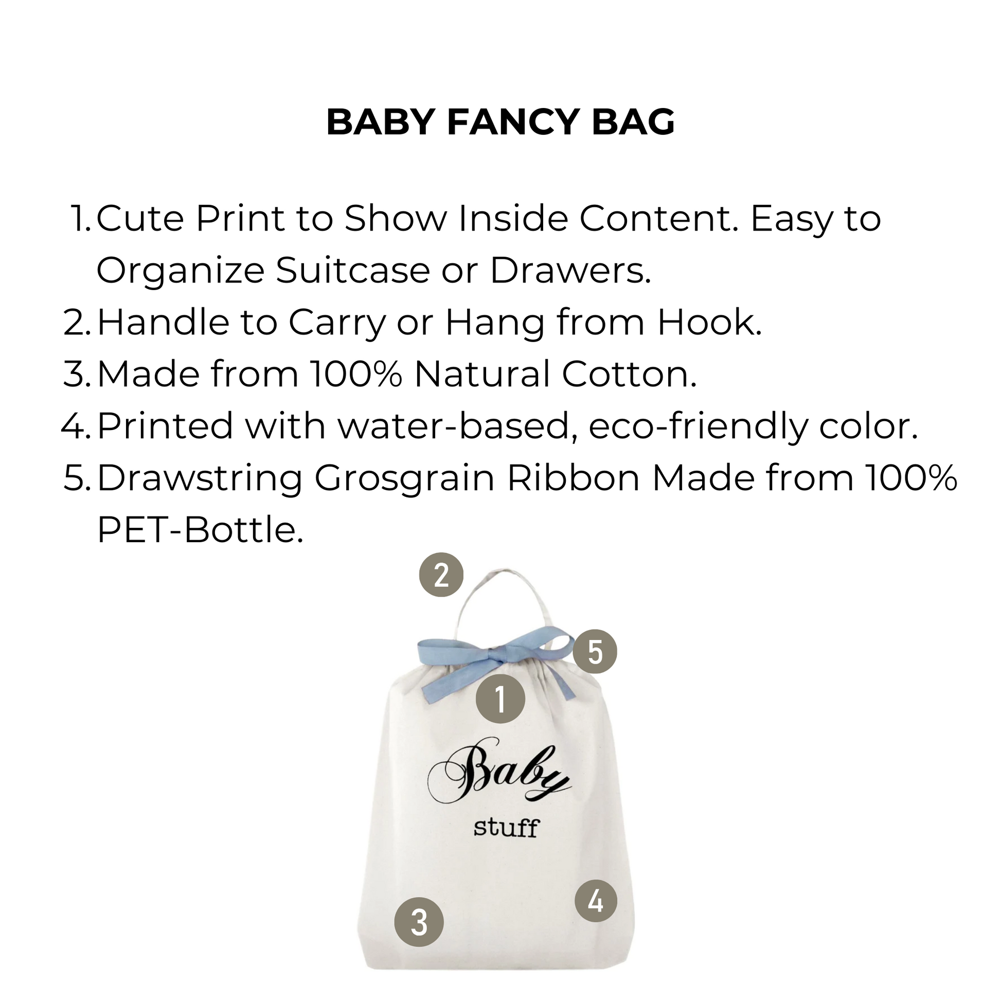 Bag-all Baby Fancy Bag - eco-friendly cotton organizer with cute print, recycled ribbon drawstring, and versatile hanging handle for baby essentials storage