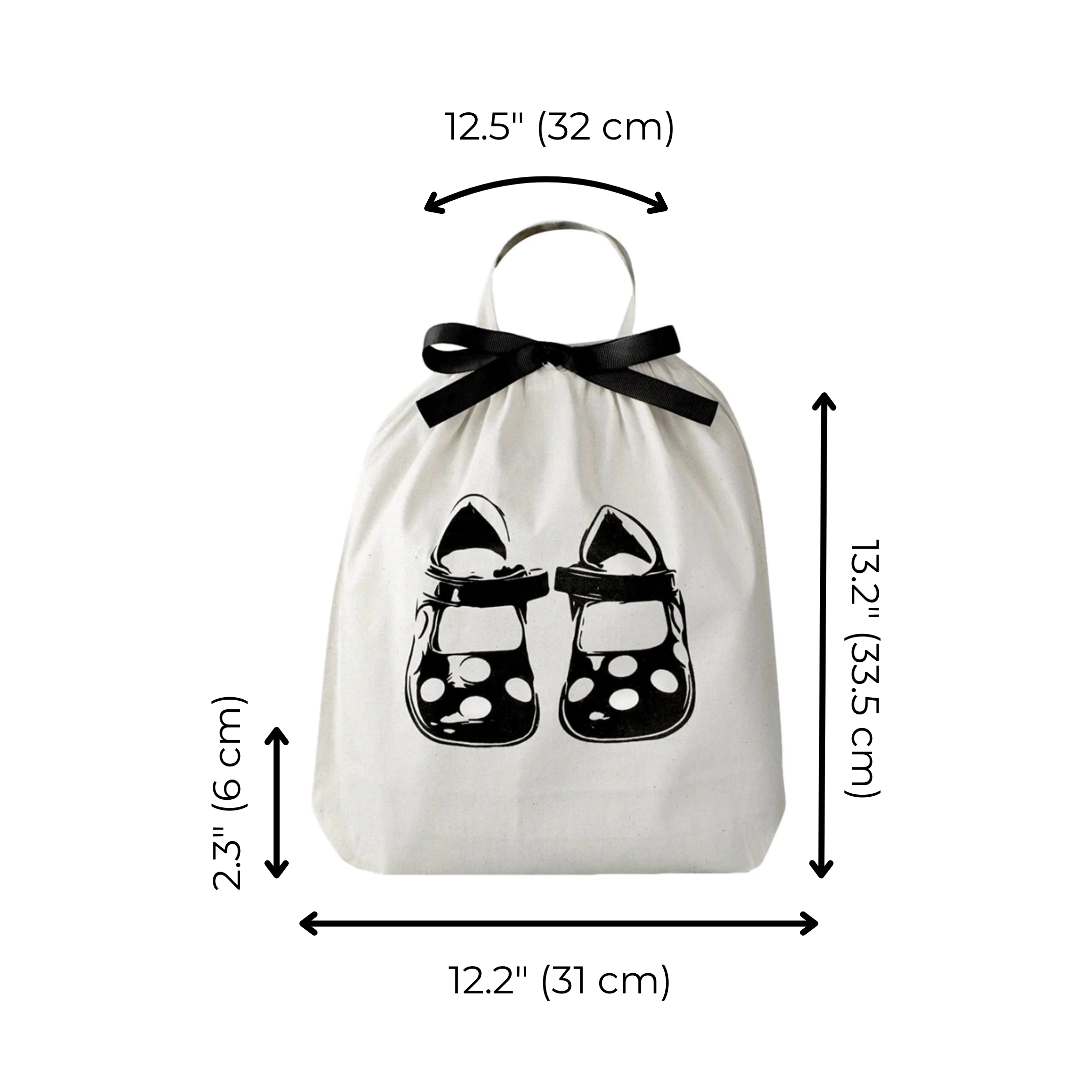 Bag-all Children Shoe Bag in cream with black bow, featuring cute polka dot shoe design, perfect for storage and travel. Made from durable cotton with dimensions 32x31cm.