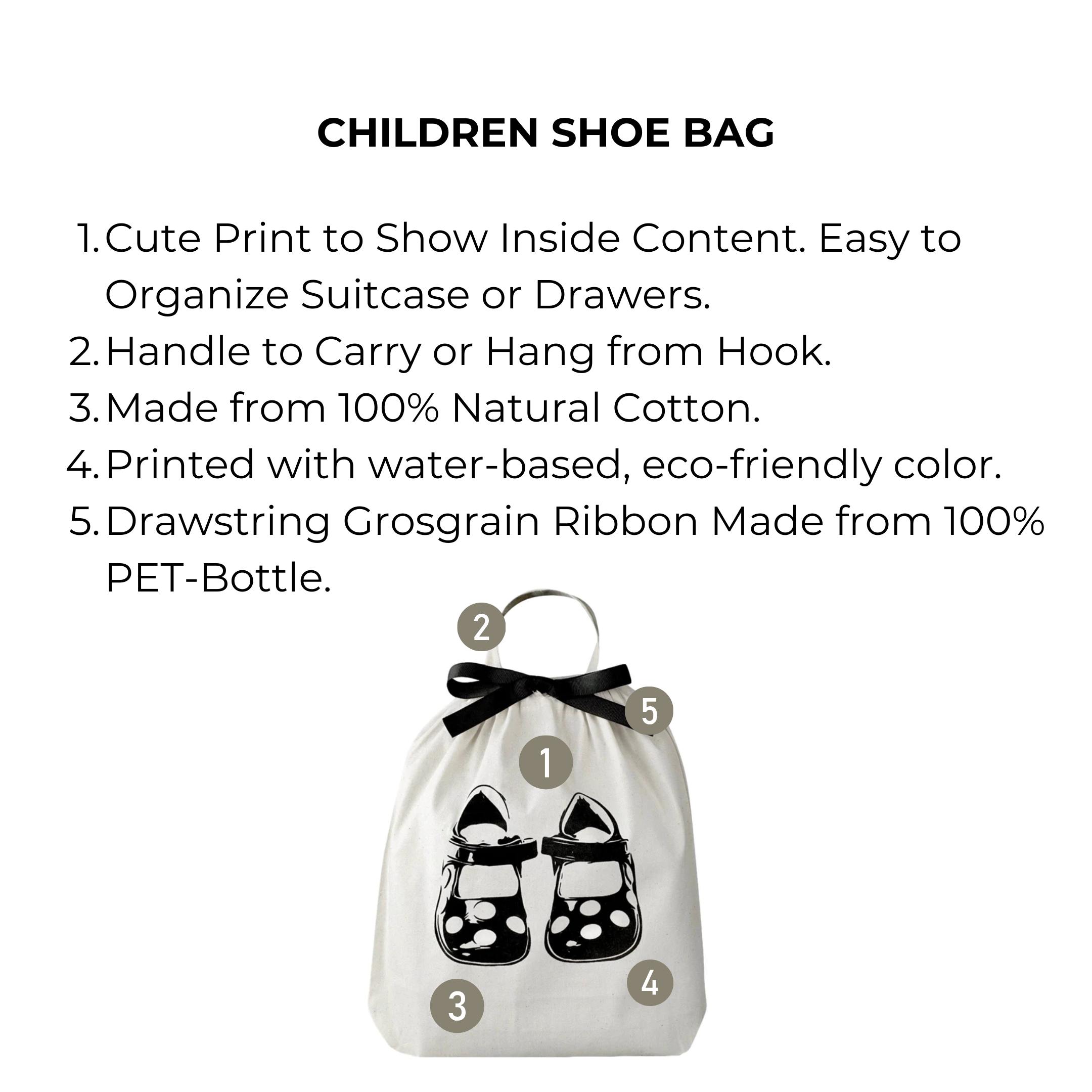 Bag-all Children Shoe Bag in cream cotton with cute shoe print, eco-friendly drawstring organizer for kids' footwear storage and travel