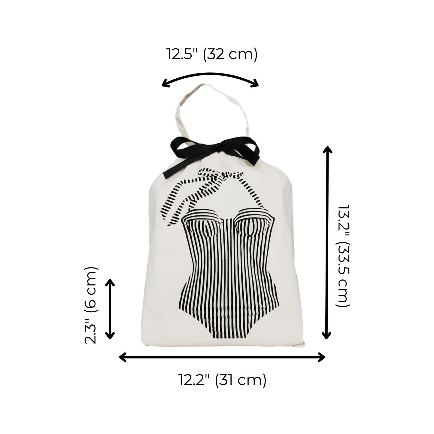 Bag-all Swimsuit Organizer Bag featuring black and white striped corset design, 12.5 inches wide with cotton handles and bow detail, perfect for travel storage