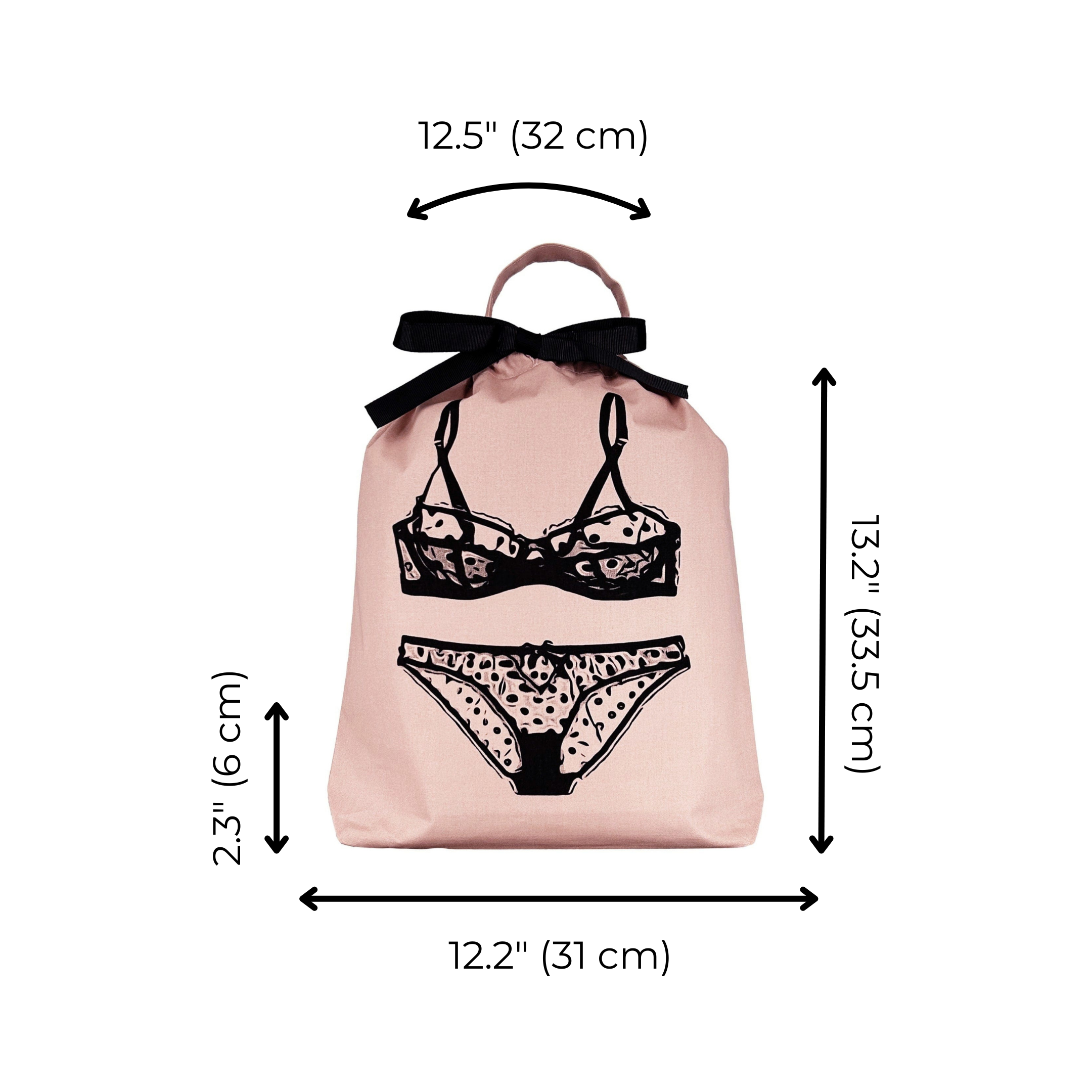 Bag-all Pink Polkadot Lingerie Travel Bag with black bow and illustrated lingerie design, measuring 13.2 inches tall, perfect for organizing delicates and travel storage