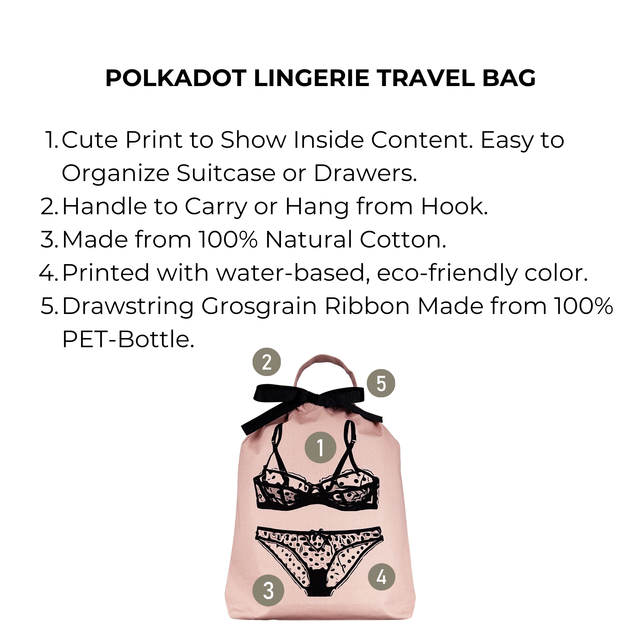 Bag-all Polkadot Lingerie Travel Bag in pink/blush featuring eco-friendly cotton material, drawstring closure, and cute lingerie print design for organized travel and storage