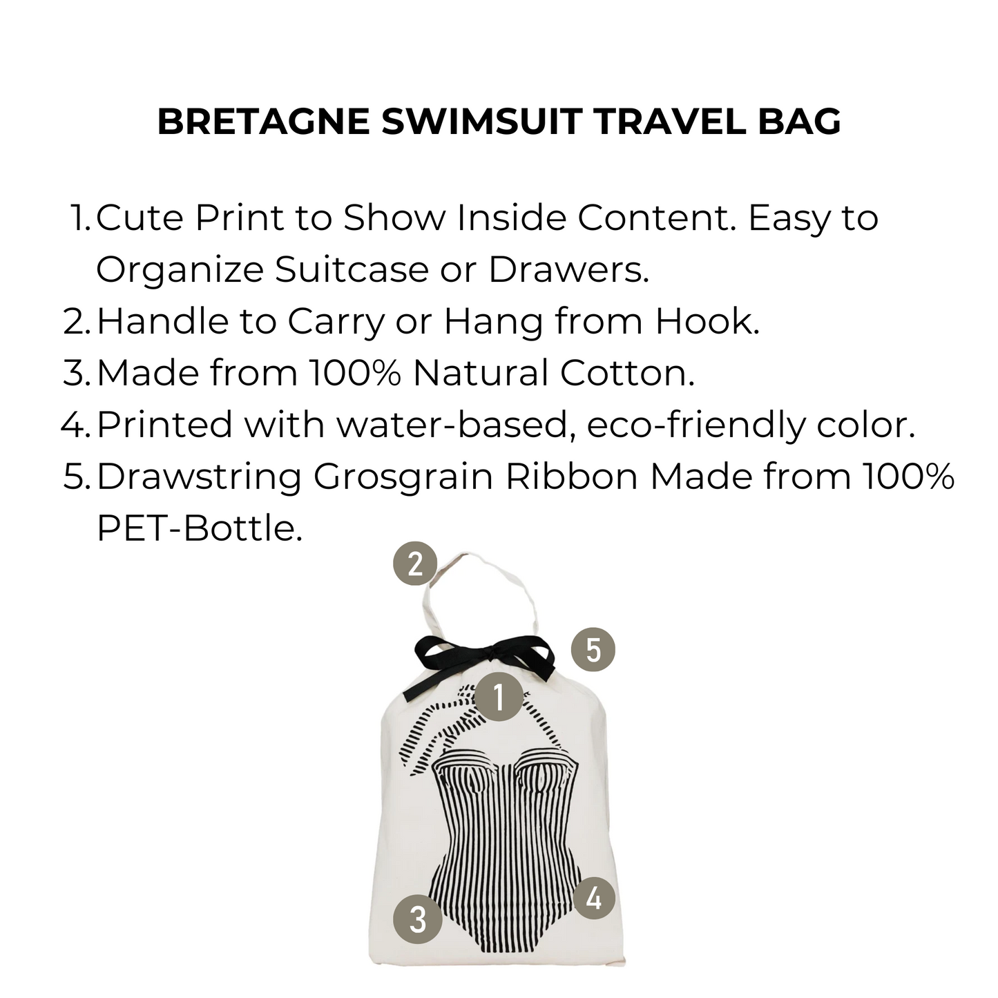 Bag-all Bretagne Swimsuit Travel Bag featuring vintage-style swimsuit print, 100% natural cotton, eco-friendly design with recycled drawstring, perfect for organized travel storage