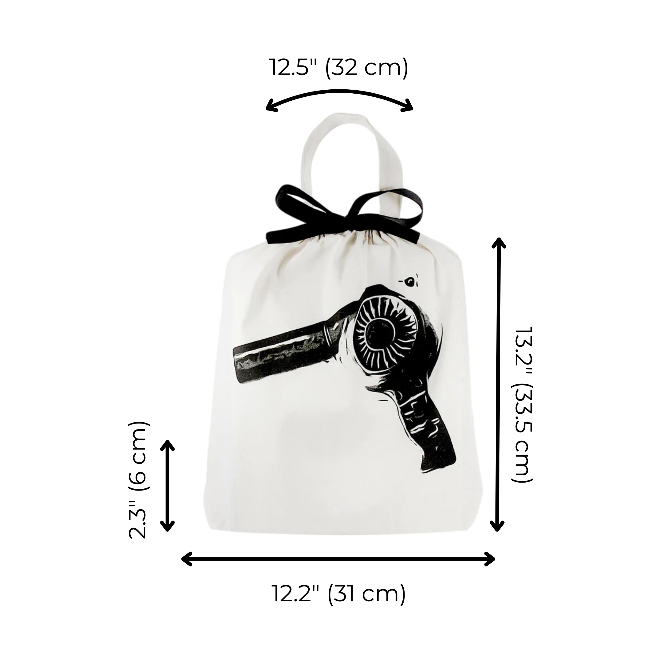 Bag-all Hair Dryer Travel Bag in cream cotton with black hairdryer print, black bow handle, and dimensions 32x31x6cm - stylish bathroom storage solution