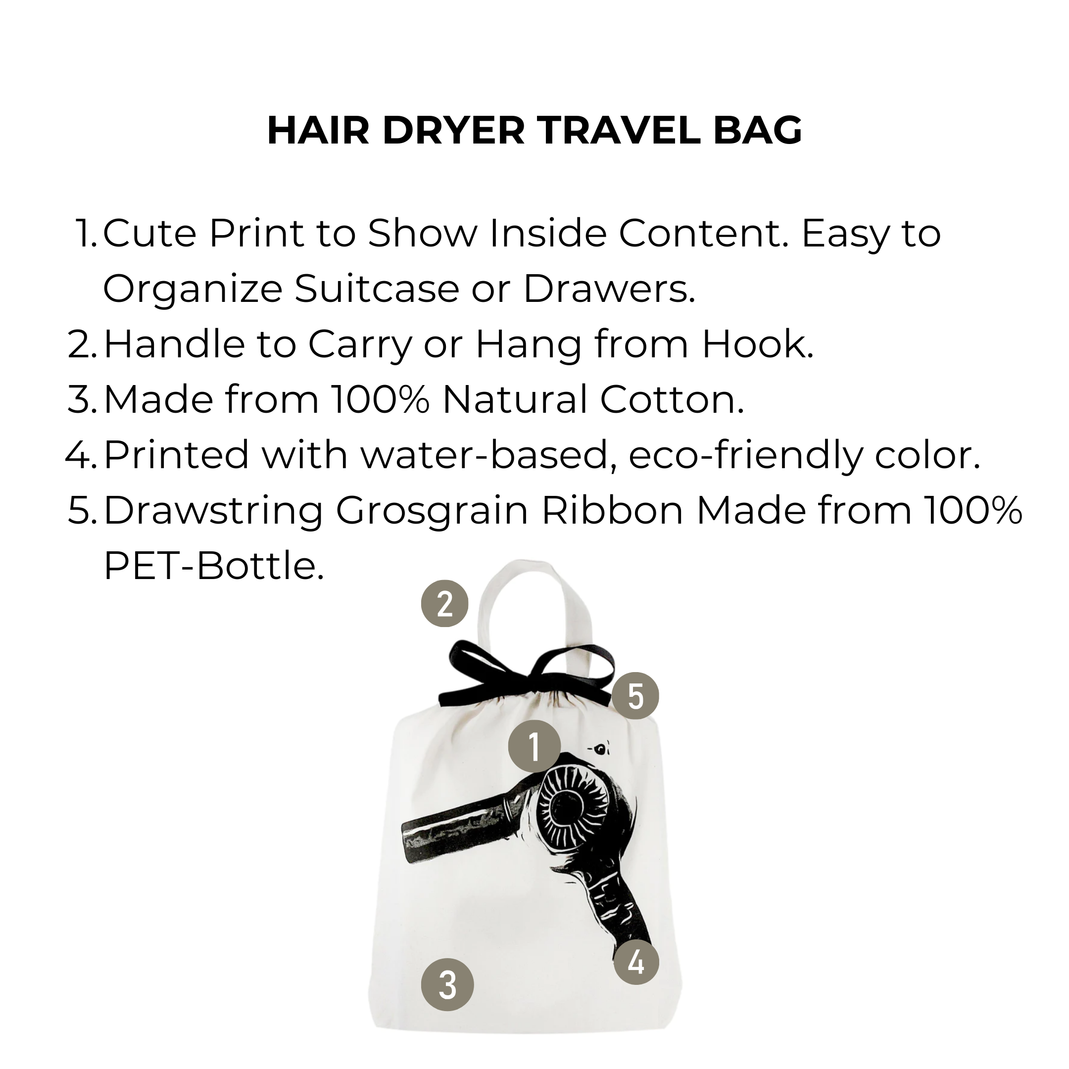 Bag-all Hair Dryer Travel Bag in cream cotton with black print, featuring hanging handle and eco-friendly drawstring. Ideal for bathroom organization and travel storage.