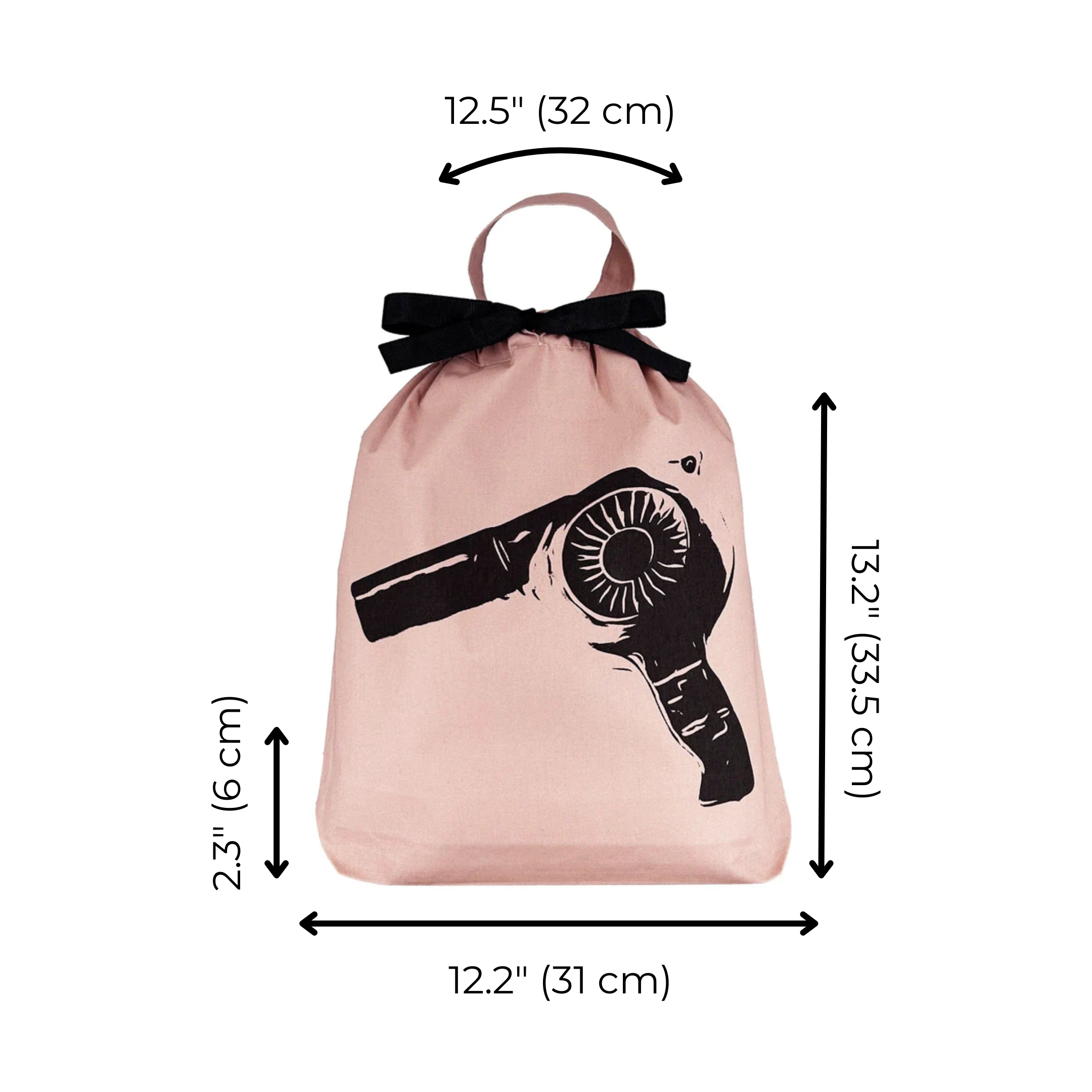 Bag-all Hair Dryer Travel Bag in pink/blush with black drawstring bow and hairdryer print, featuring convenient carry handle, dimensions 13.2x12.2x2.3 inches