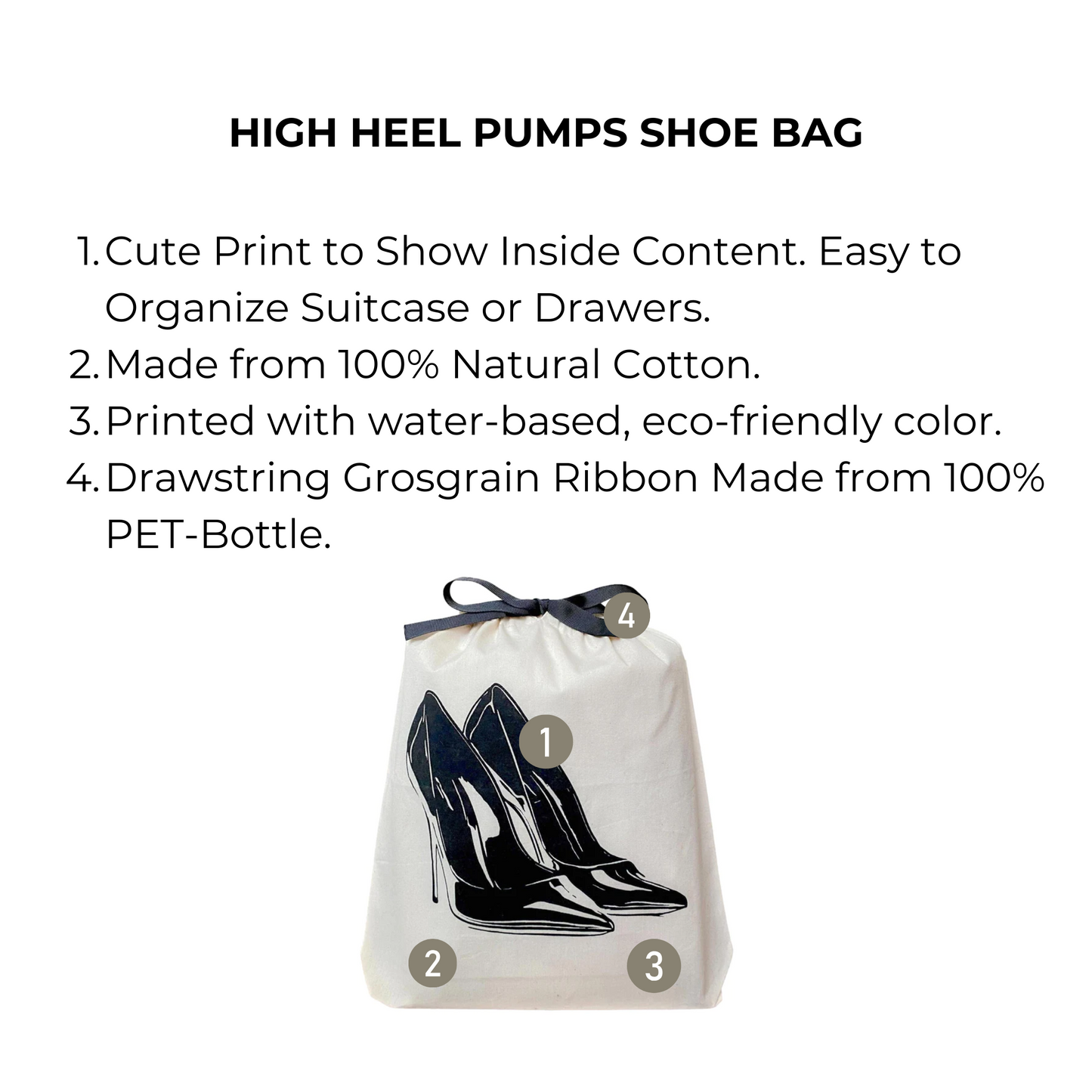 Bag-all High Heel Pumps Shoe Bag in cream canvas featuring black stiletto print, eco-friendly drawstring closure, perfect for travel and closet organization