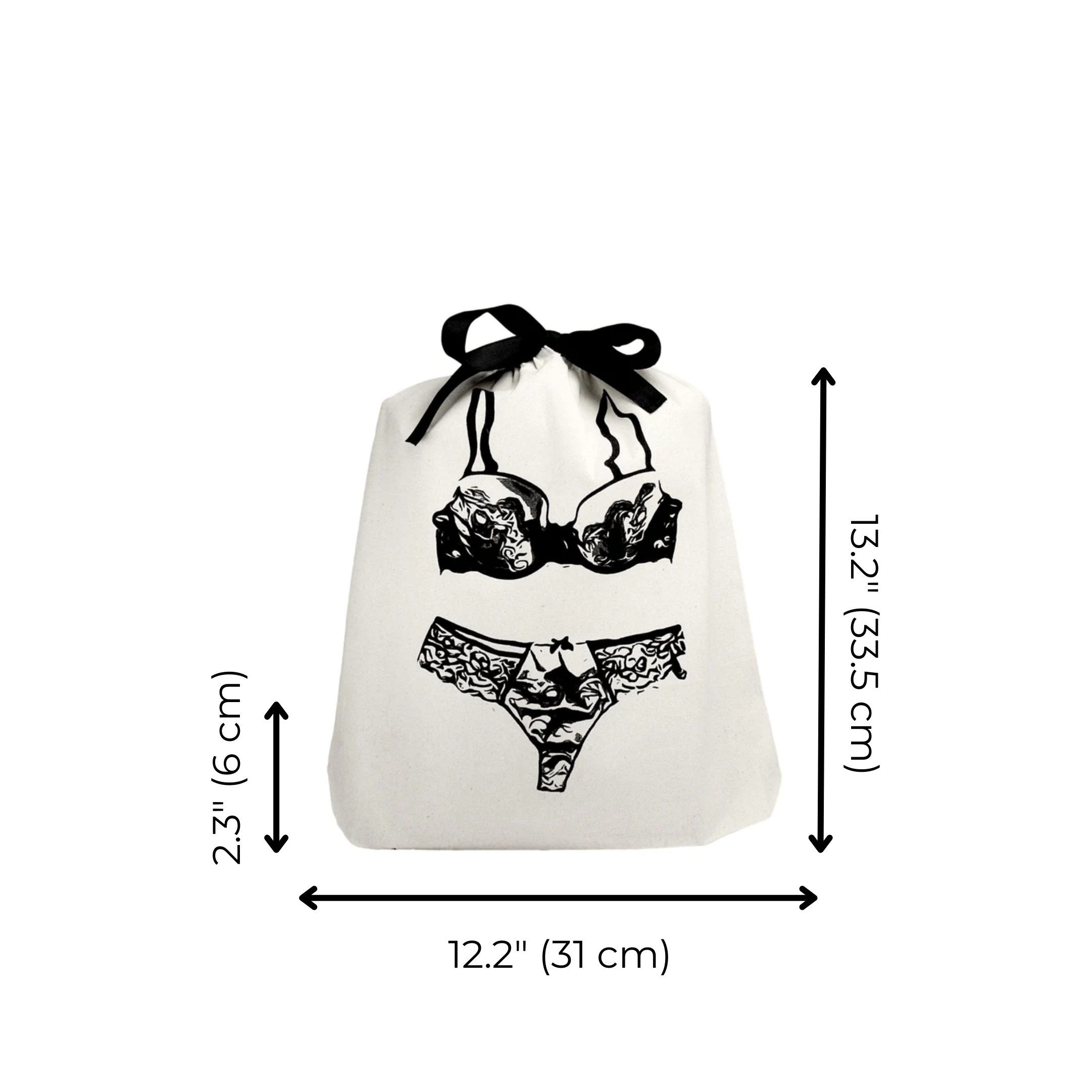 Bag-all Cream Lace Lingerie Travel Bag featuring black lingerie illustration with measurements, designed for elegant organization and stylish storage