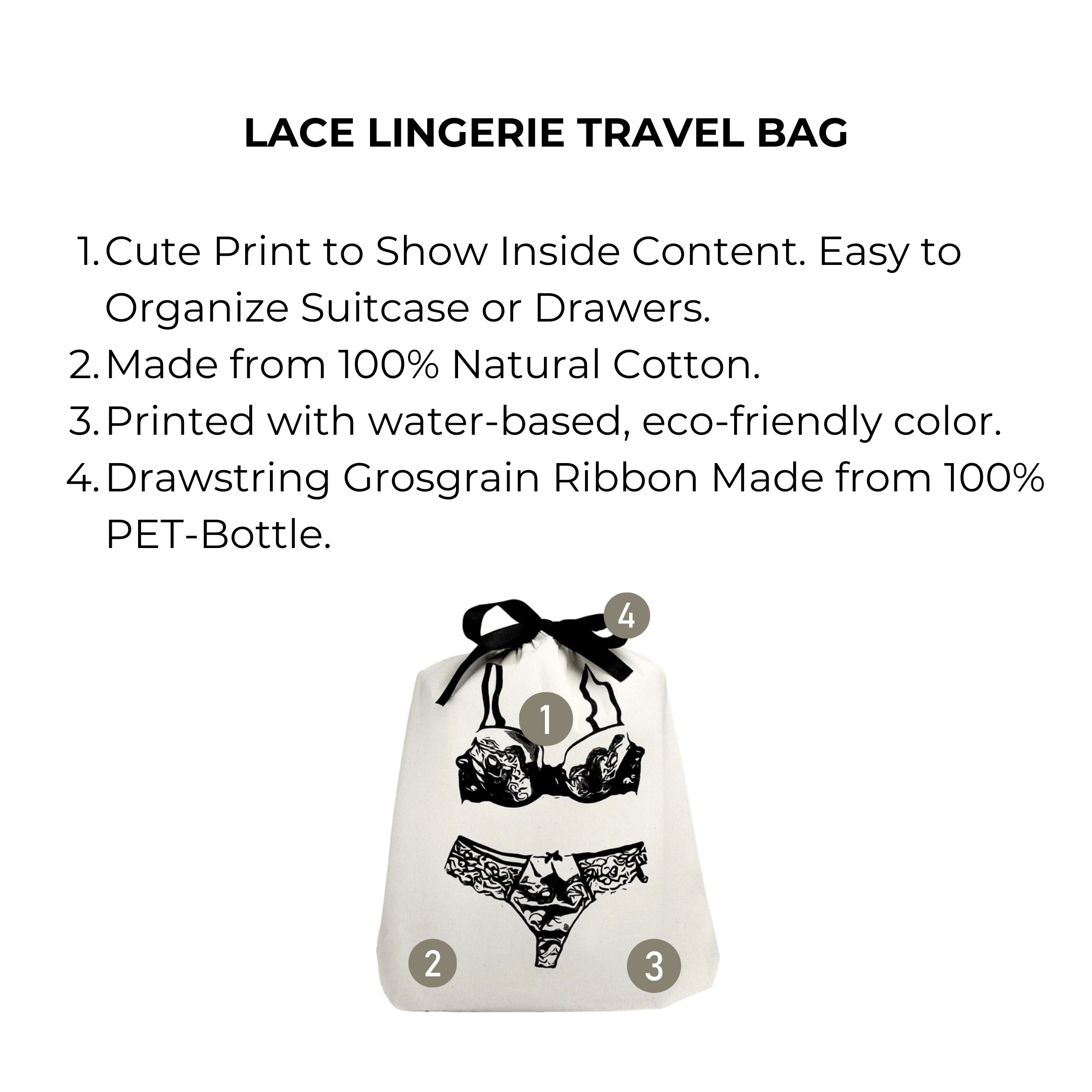 Bag-all Lace Lingerie Travel Bag in cream features black lingerie print design, natural cotton construction with eco-friendly drawstring, perfect for organized travel and storage