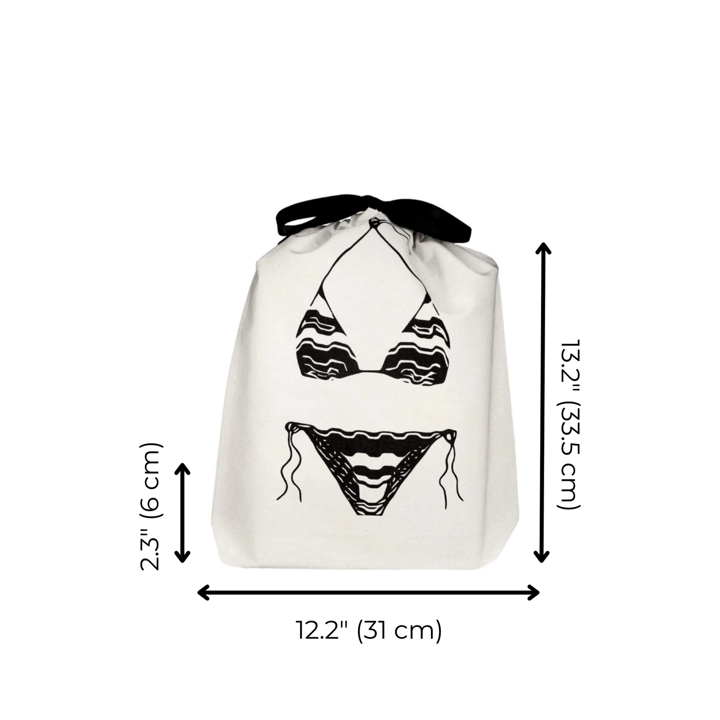 Bag-all Triangle Bikini Travel Bag in cream cotton with black bikini illustration, featuring drawstring closure and compact dimensions of 31cm x 53.5cm
