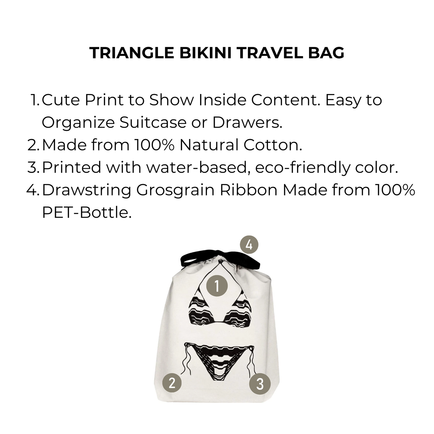 Bag-all Triangle Bikini Travel Bag in cream cotton features black bikini print design, eco-friendly drawstring closure, perfect for organizing swimwear while traveling or storage
