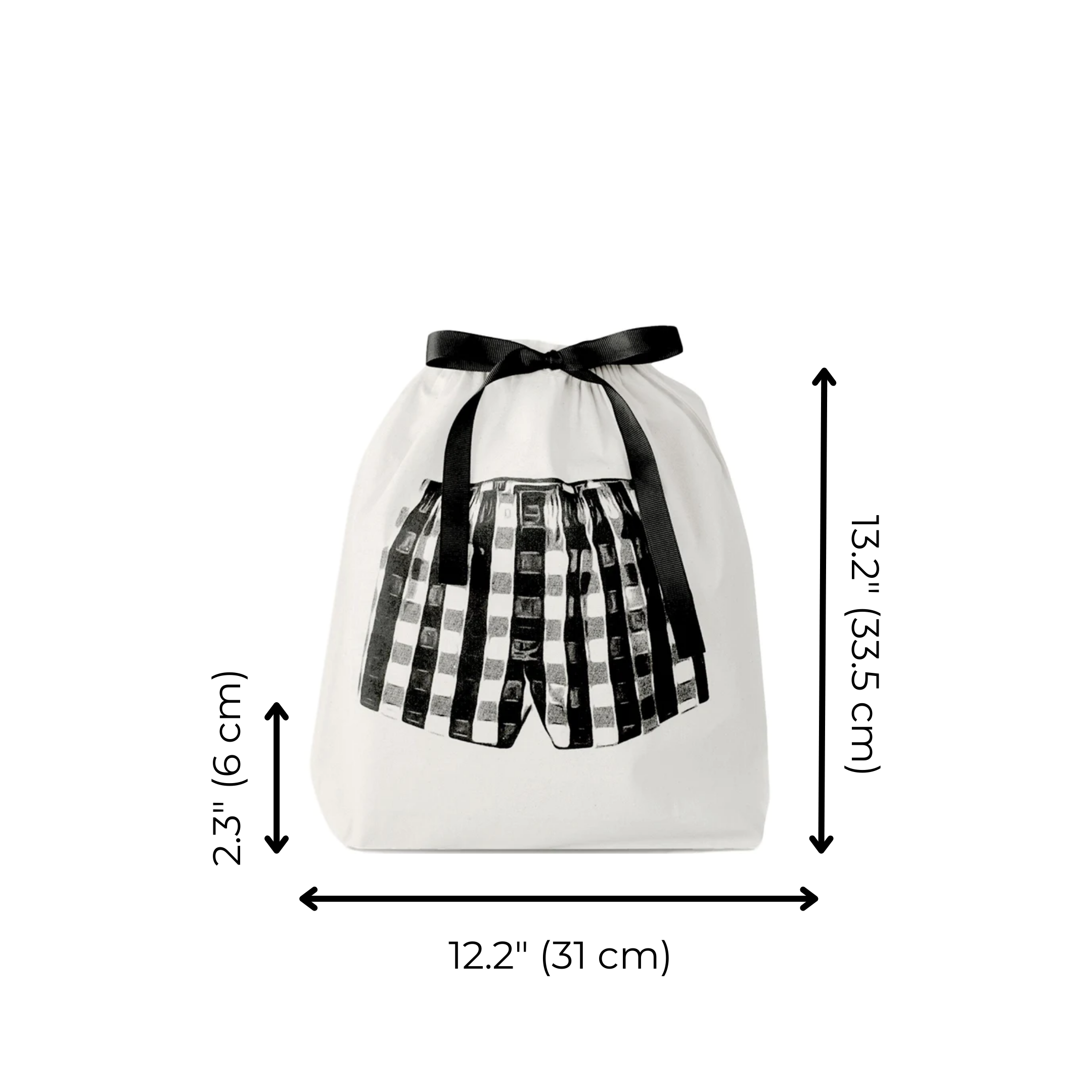 Bag-all white cotton organizing bag with black and white gingham shorts design, featuring black bow detail. Size: 12.2 x 13.2 inches, perfect for travel storage and organization.