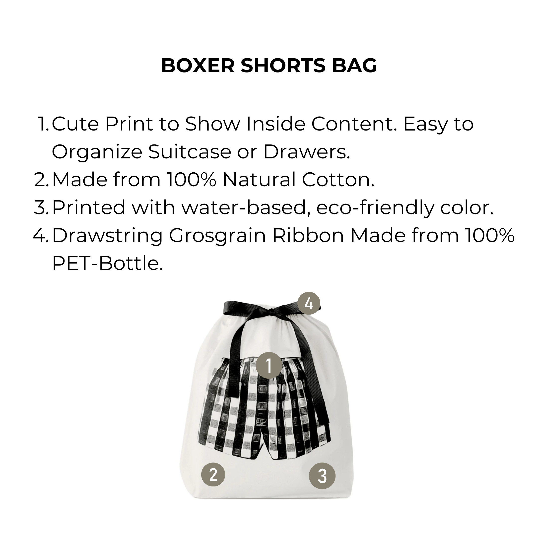 Bag-all Boxer Shorts Bag - Eco-friendly cotton organizer with gingham print boxer design, featuring recycled ribbon drawstring - perfect for travel and drawer organization