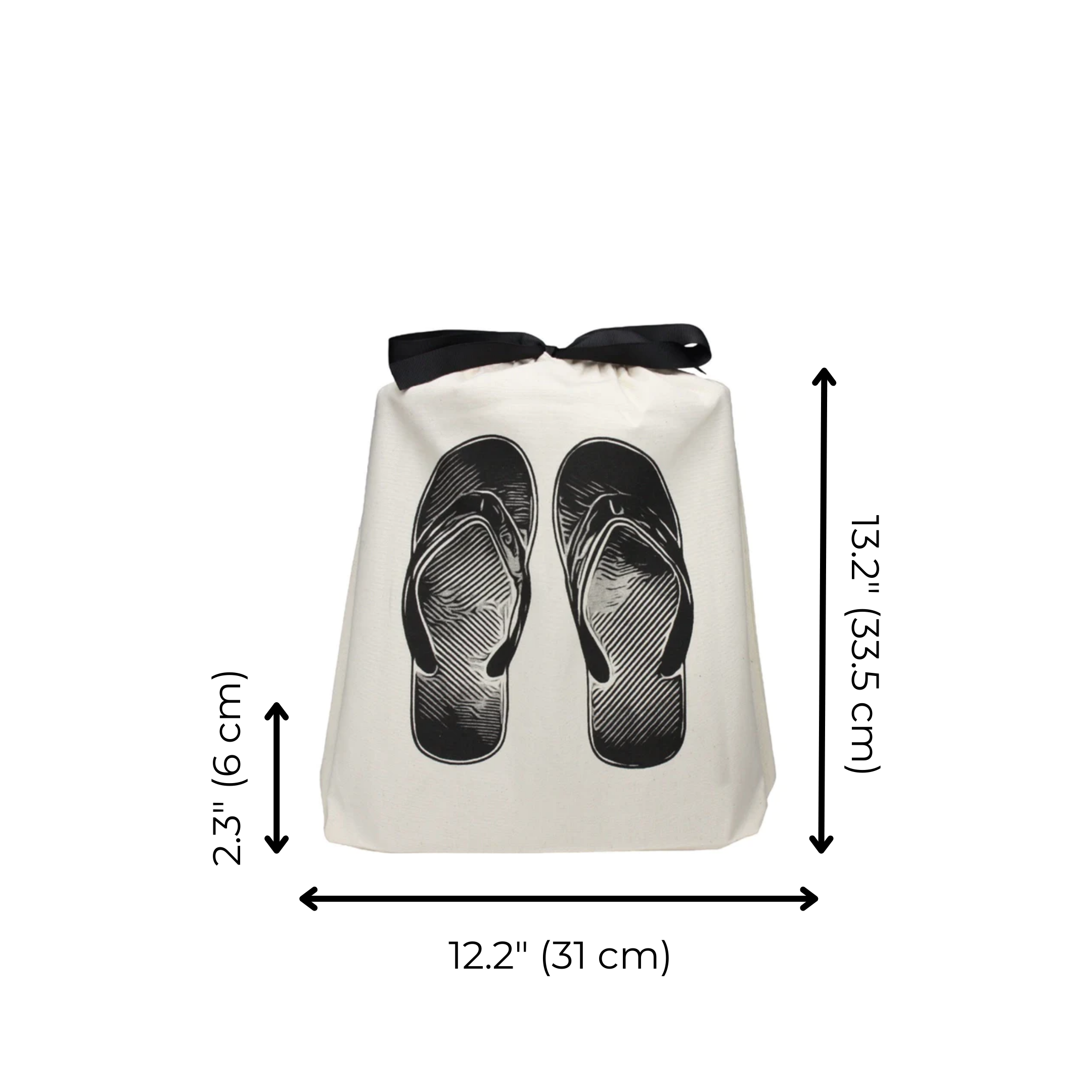 Bag-all Cream Flip Flops Shoe Bag featuring black flip flop print on cotton canvas with black ribbon tie, perfect for beach travel organization. 13.2 x 12.2 inches.