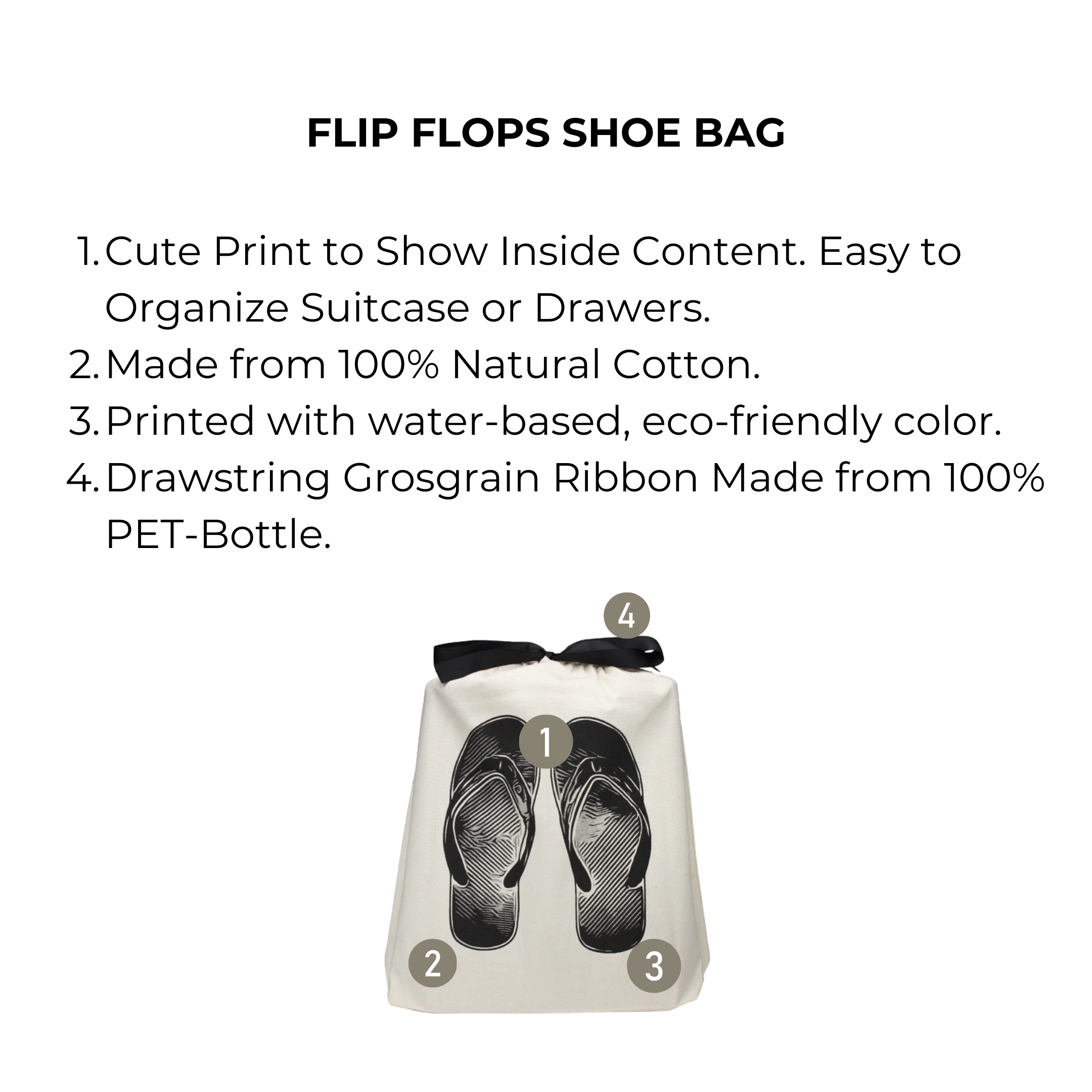 Bag-all Cream Flip Flops Shoe Bag featuring eco-friendly cotton organizer with flip flop print, drawstring closure, and sustainable ribbon - perfect for travel storage and suitcase organization