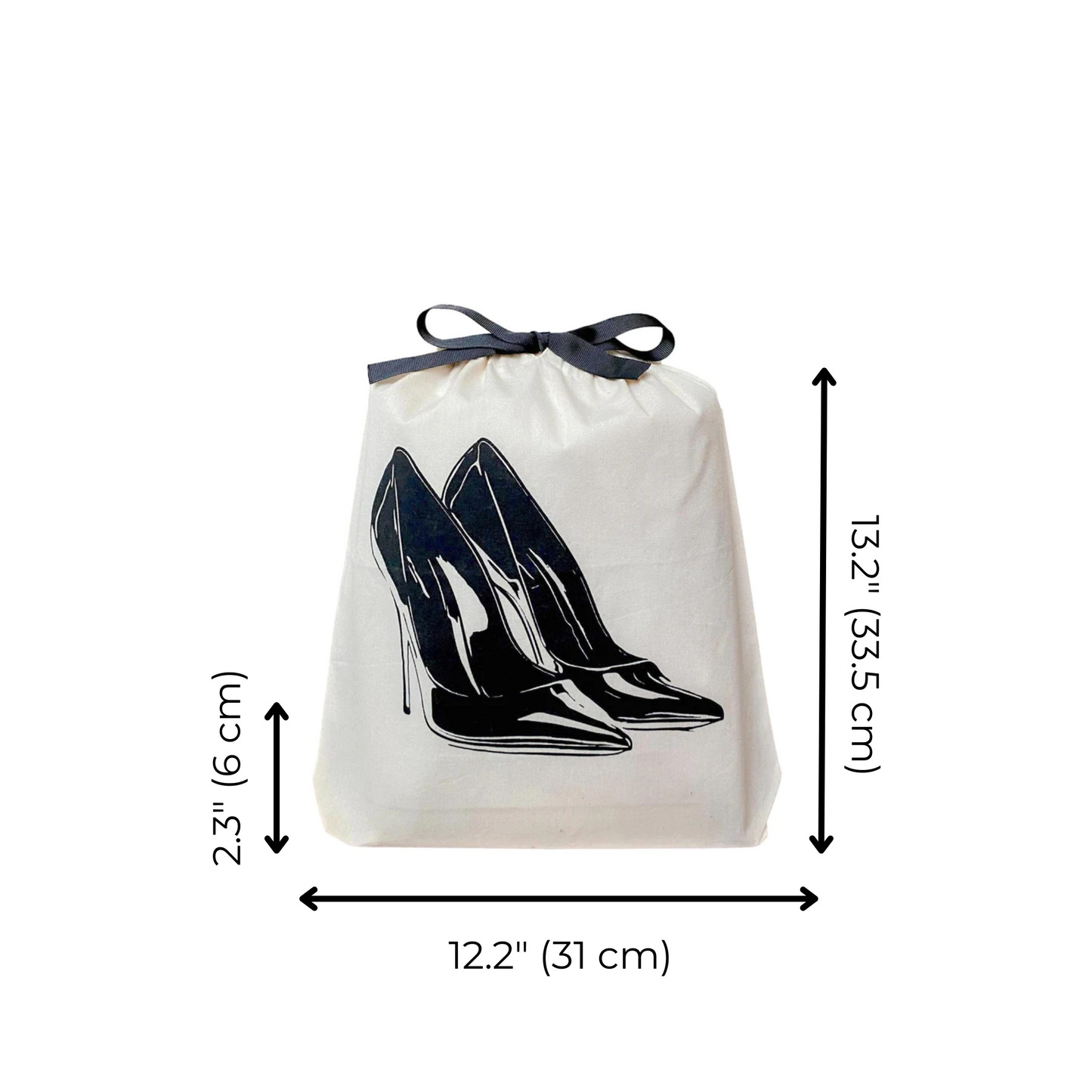 Bag-all High Heel Pumps Shoe Bag in cream canvas featuring black stiletto print, drawstring closure, eco-friendly storage solution for protecting designer heels