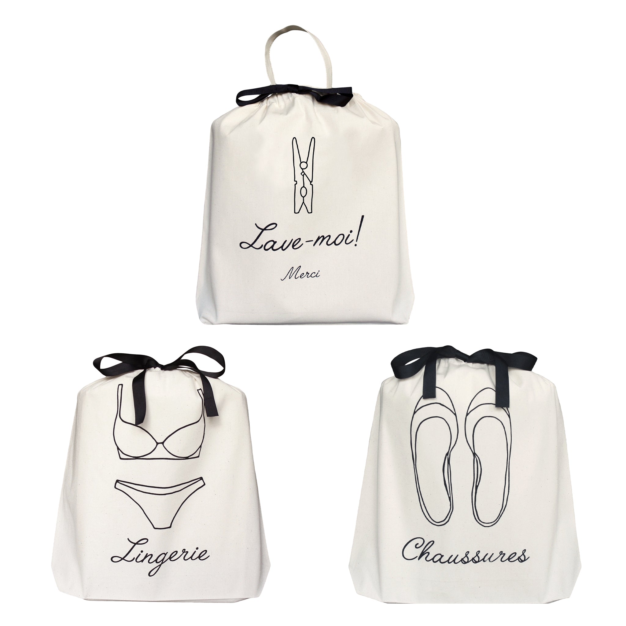Bag-all French Collection Travel 3-pack cream cotton organizer bags with French text and illustrations for laundry, lingerie, and shoes, featuring black ribbon ties