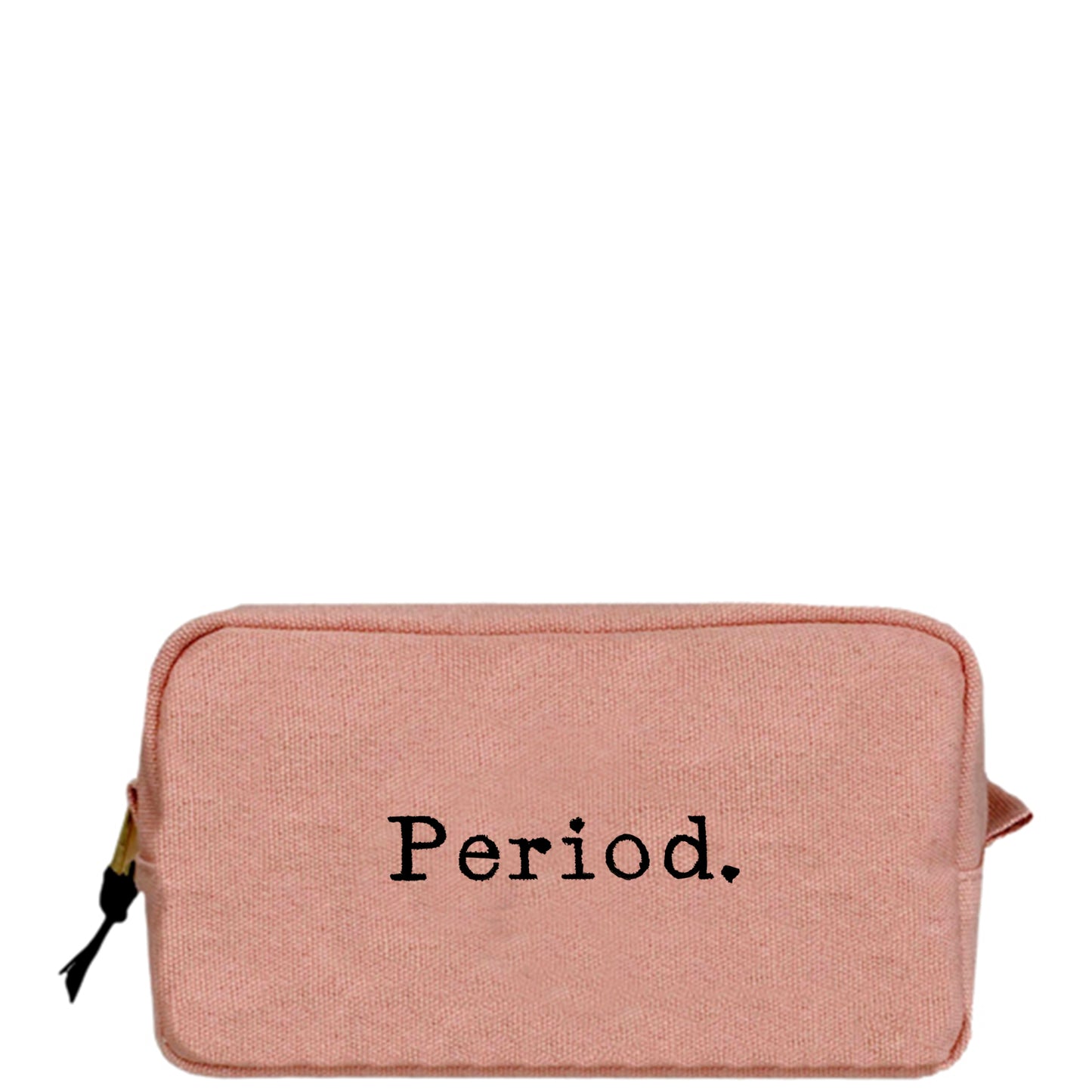 Bag-all Pink Blush Period Sanitary Organization Pouch with black embroidered text, rectangular shape, zipper closure
