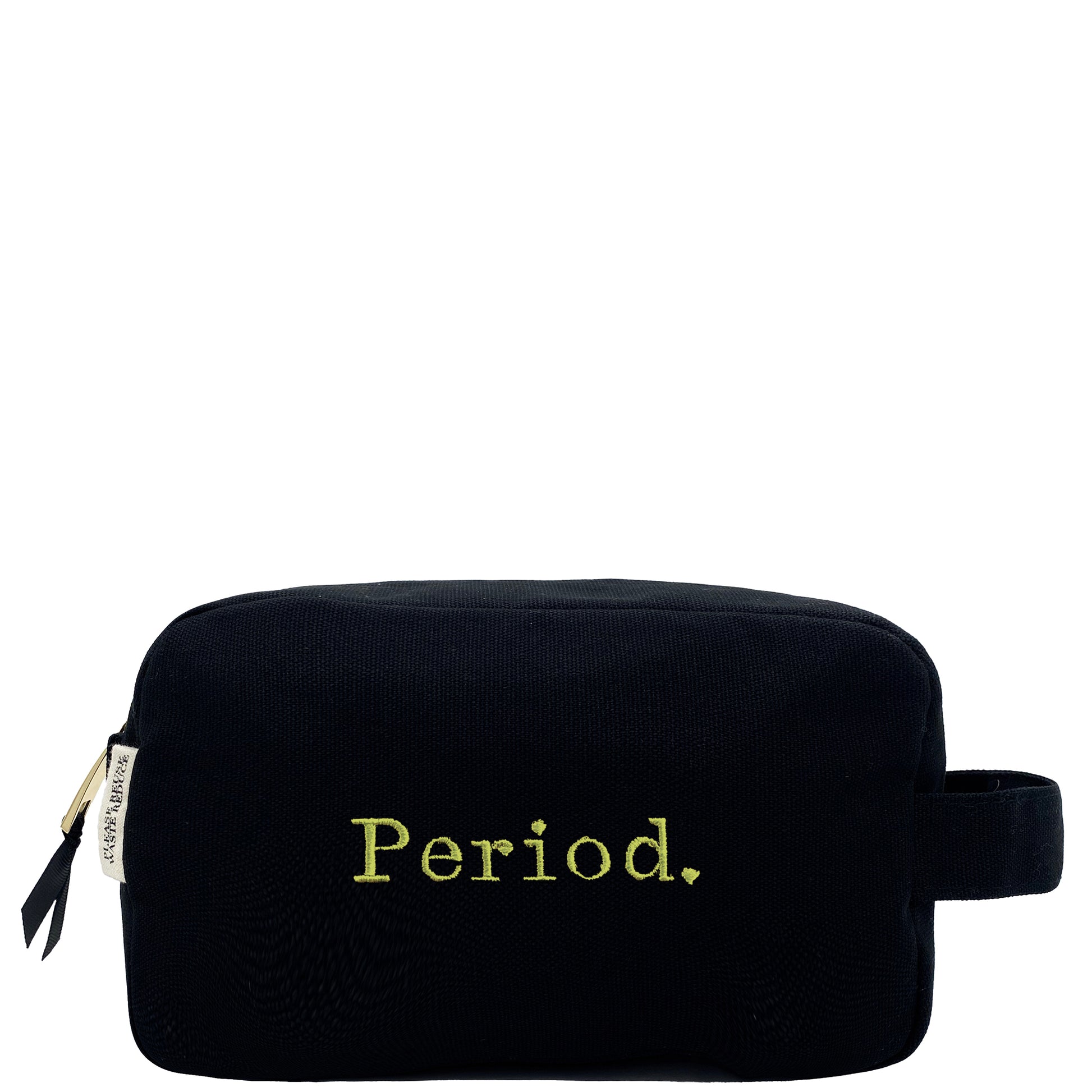 Bag-all Stylish Sanitary Pouch in black cotton with green Period embroidery, featuring striped lining and gold zipper - perfect for discreet feminine care storage
