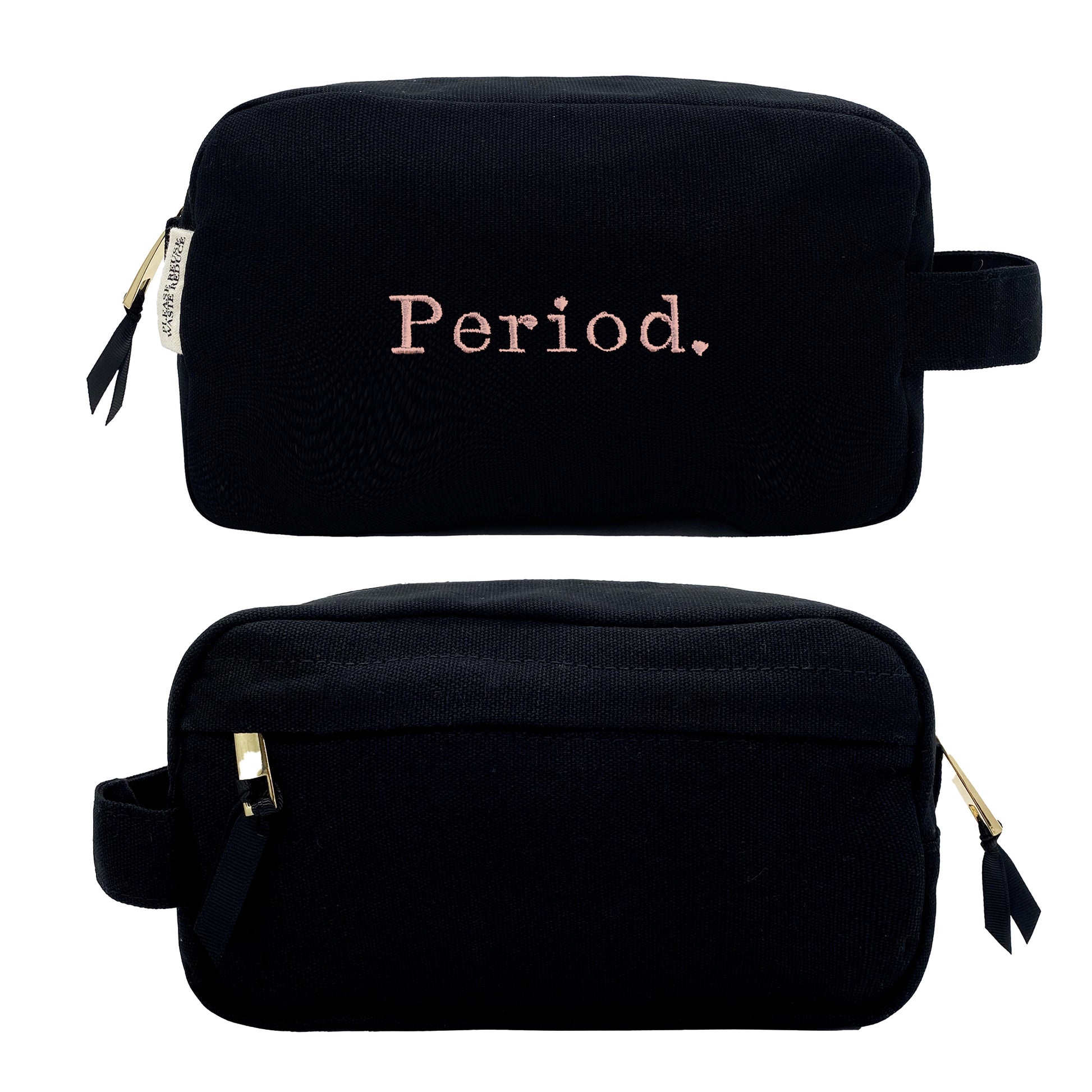 Bag-all Stylish Sanitary Pouch in black cotton with pink Period embroidery, striped interior lining, perfect for organizing feminine essentials, compact travel size