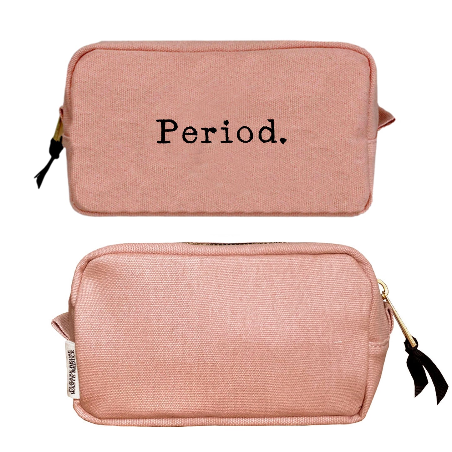 Bag-all Pink Period Sanitary Organization Pouch with embroidered text, striped interior lining, gold zipper and black tassel detail