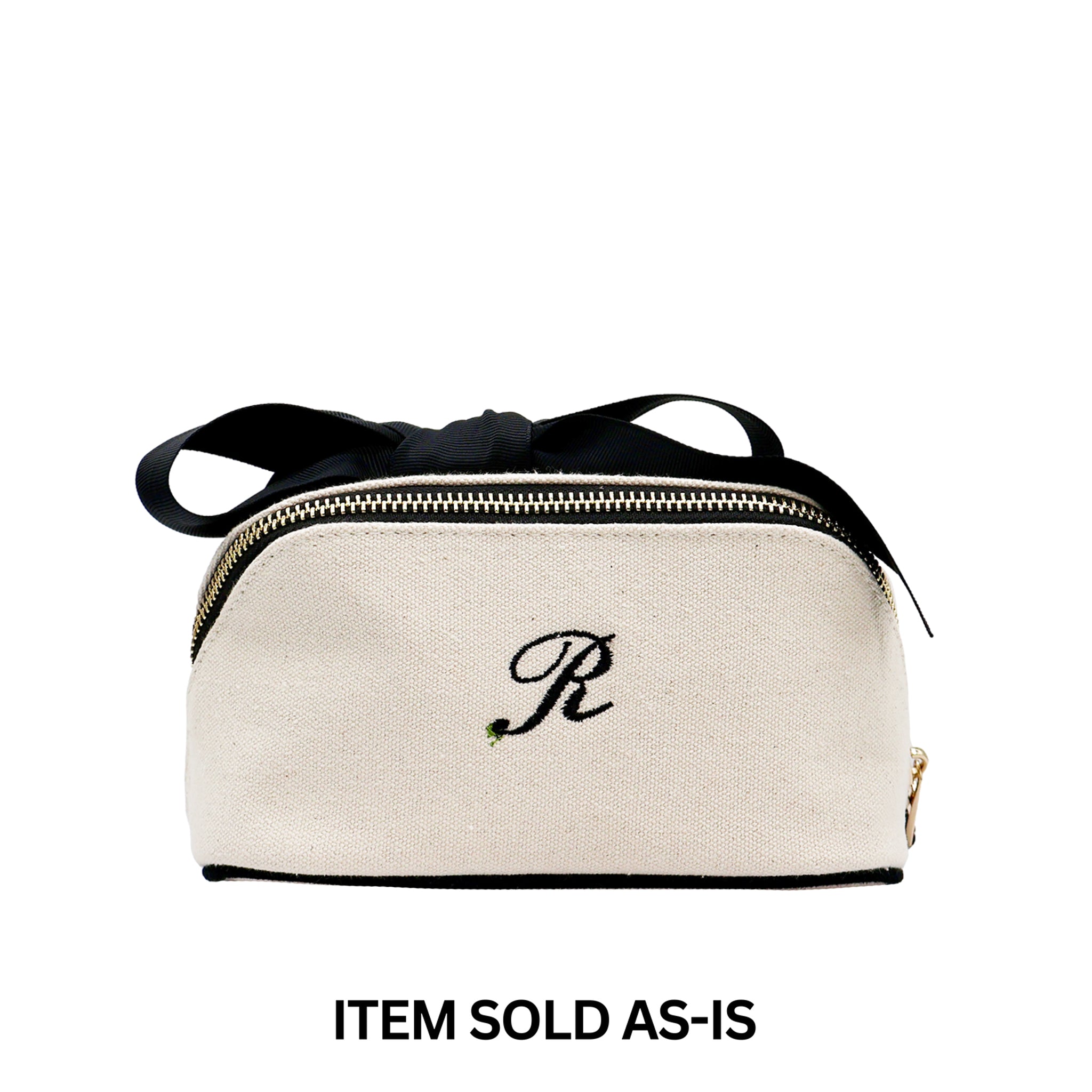 SALES BIN - Petite Accordion Makeup Case – Cream with black ribbon and personalized black initial embroidery for stylish travel organization by Bag-all