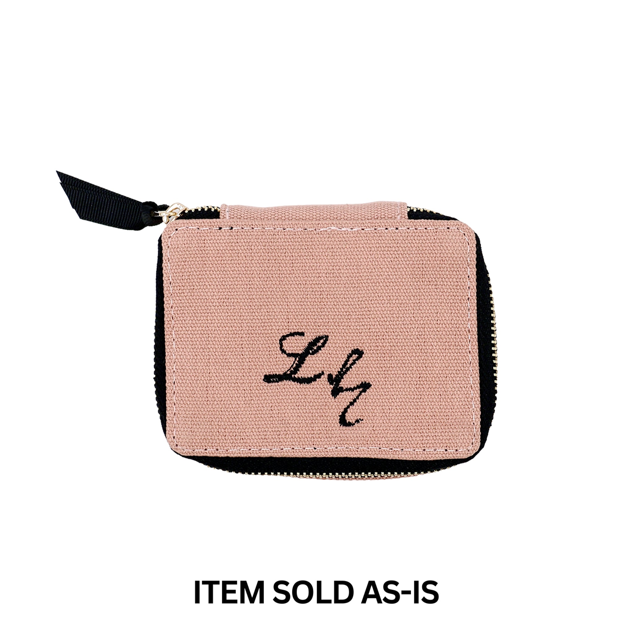 Pink blush small jewelry box with faulty black "L h" monogram, final sale item from Bag-all sales bin collection