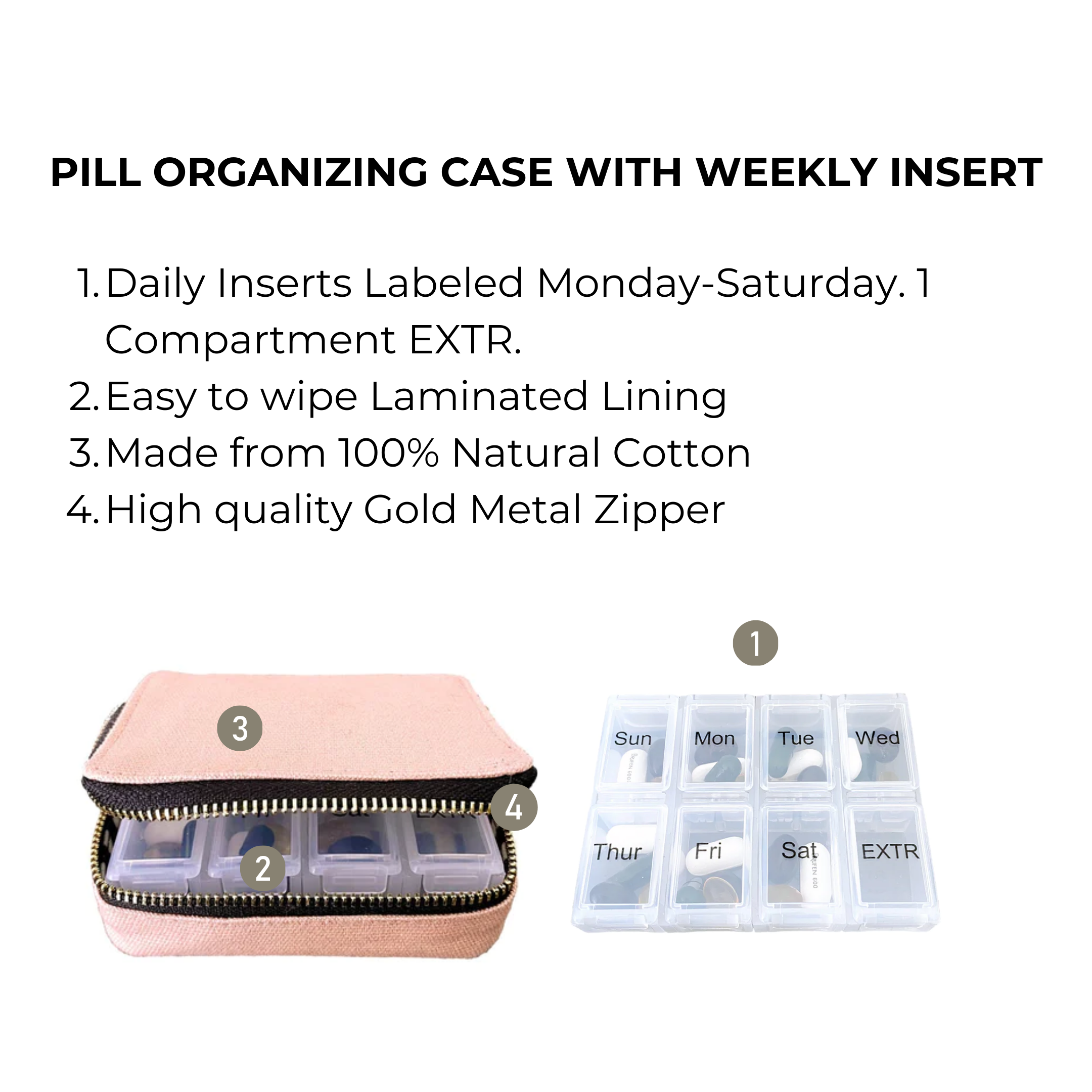 Bag-all Pink Pill Organizing Case with Weekly Pill Organizer featuring cotton exterior, gold zipper, labeled daily compartments, and laminated lining for convenient medication storage and organization