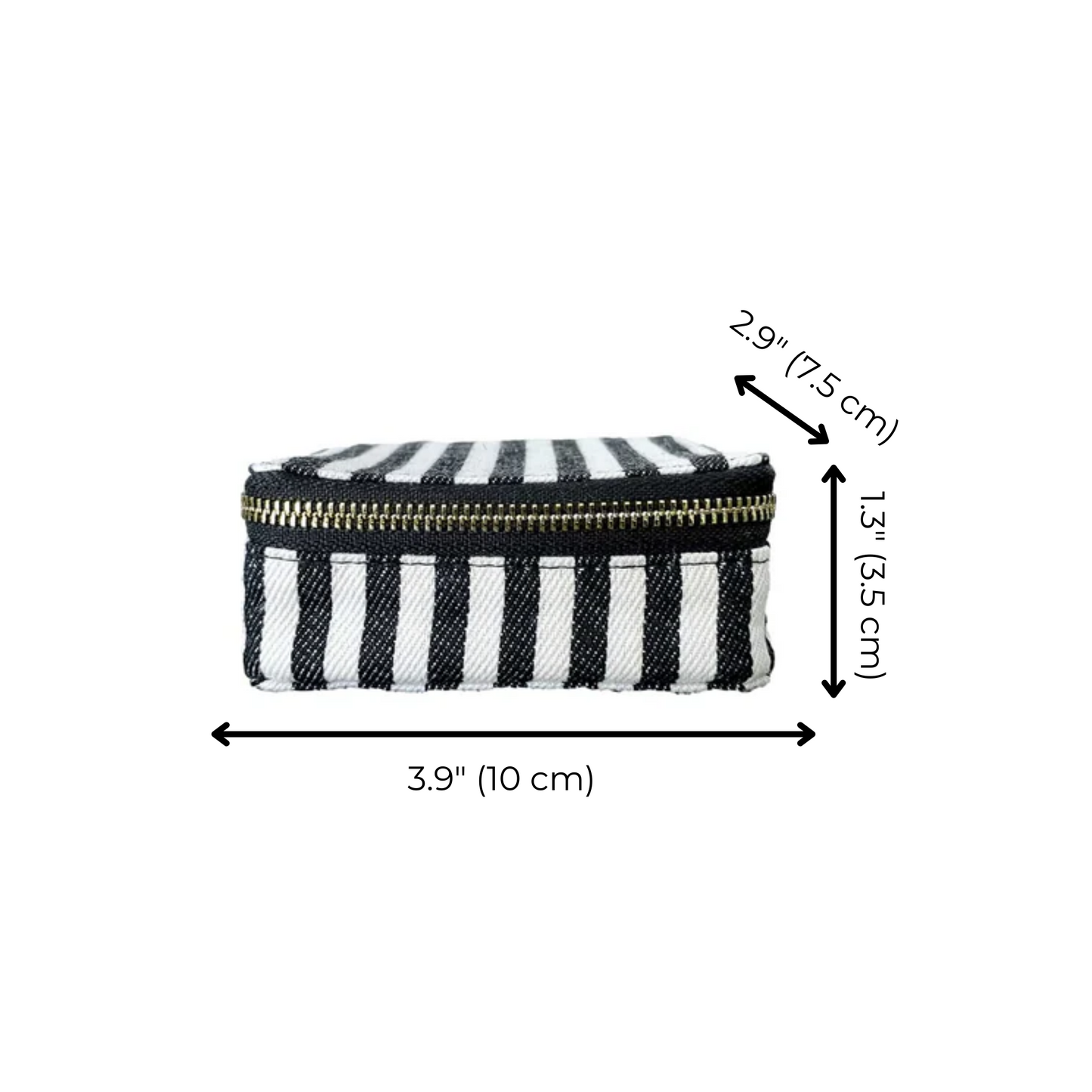 Bag-all Striped Pill Organizing Case with Weekly Organizer featuring black and white stripes, gold zipper closure, compact size measuring 3.9x2.9x1.3 inches