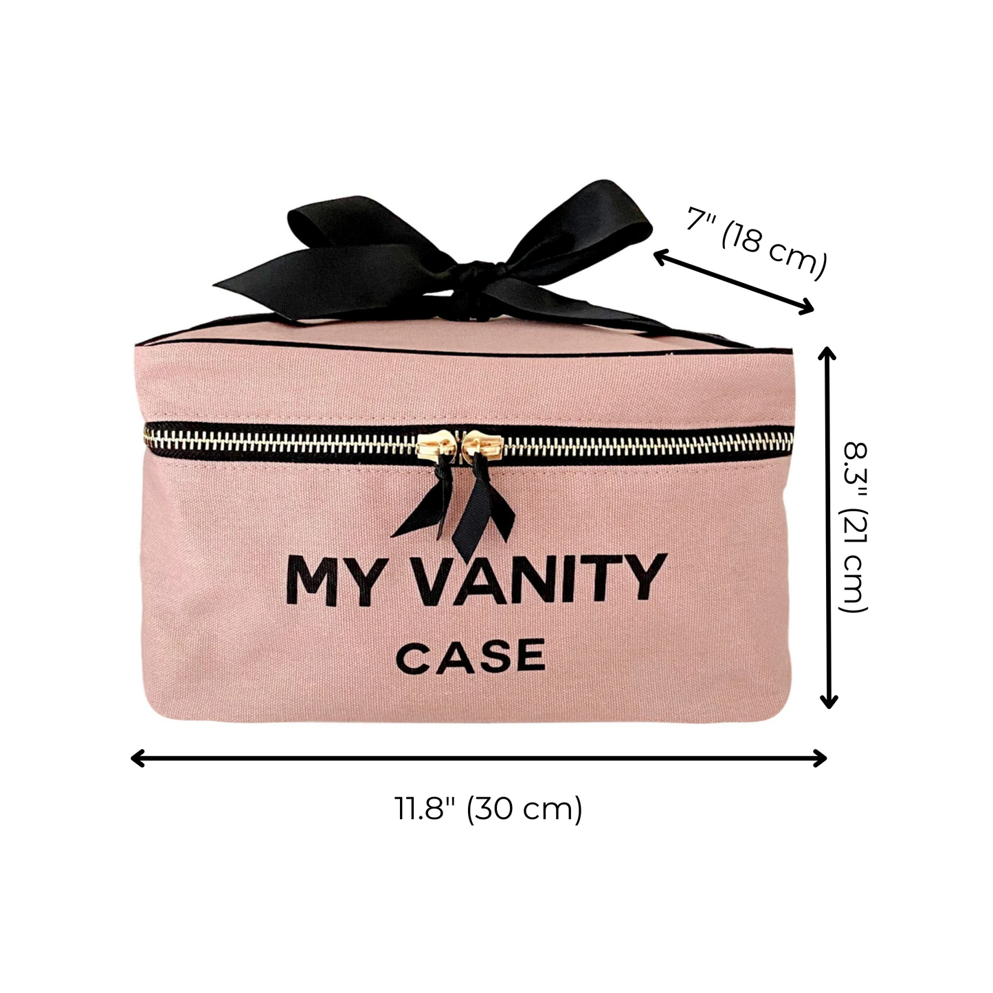 Bag-all My Vanity Large Beauty Box in pink/blush with black bow and zipper detail, featuring dimensions 11.8x8.3x7 inches, perfect for organizing beauty essentials