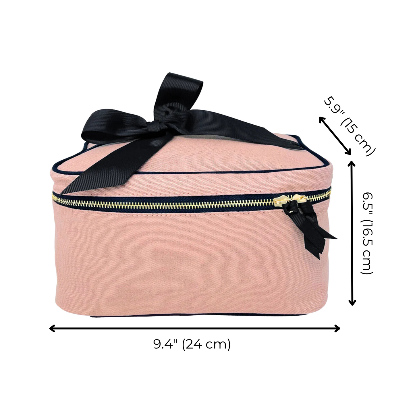Bag-all Medium Box Makeup & Toiletry case in blush pink with black bow, striped interior, metal zipper - perfect travel organizer 24x16.5x15cm