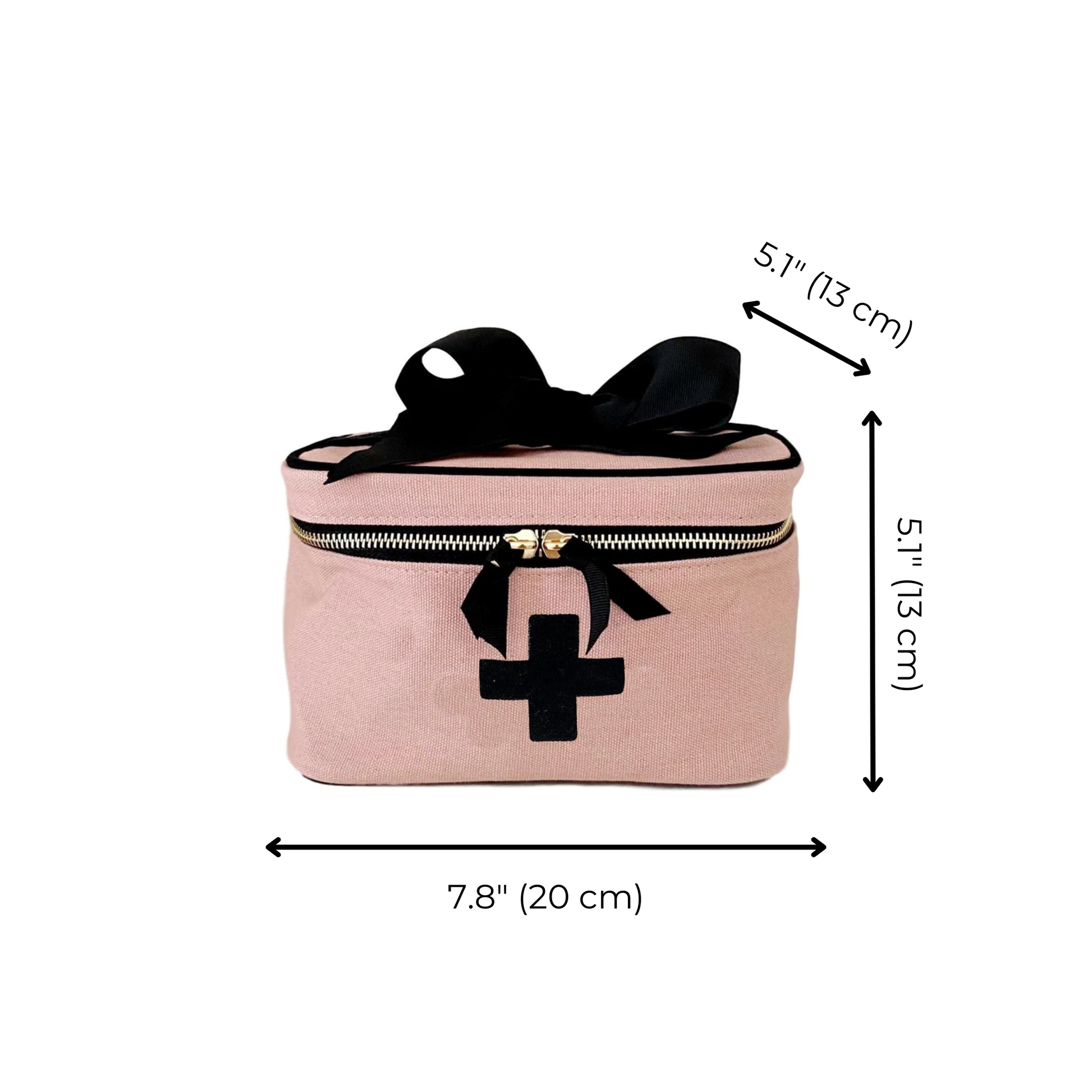 Bag-all Pink First Aid Storage Box with black cross design, zippered top, black bow accent, and carrying handle. Compact size 7.8x5.1 inches for medication and emergency supplies organization.