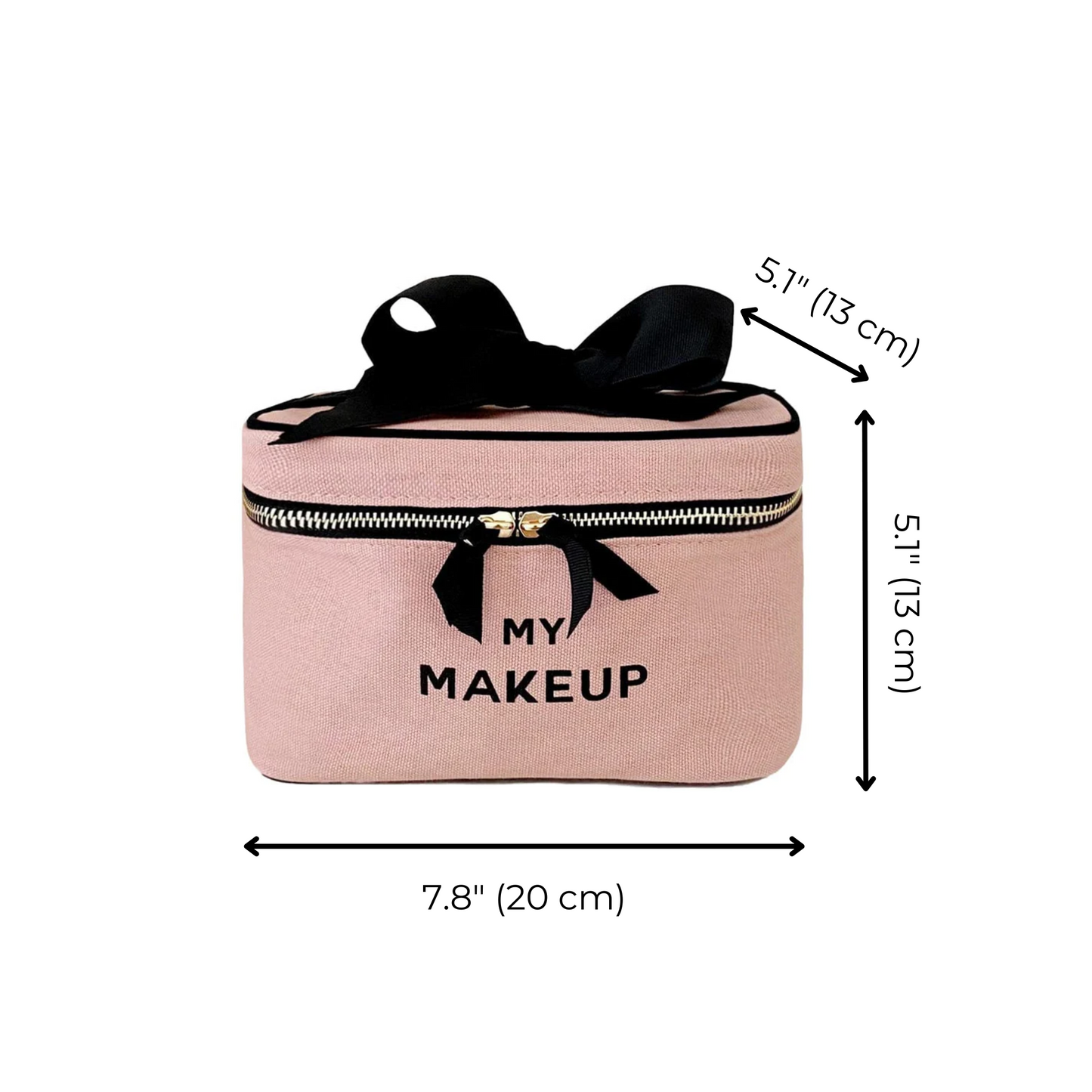 Bag-all My Makeup Cosmetic Box in blush pink with black bow, gold zipper, 7.8x5.1x5.1 inches, perfect for organizing beauty essentials
