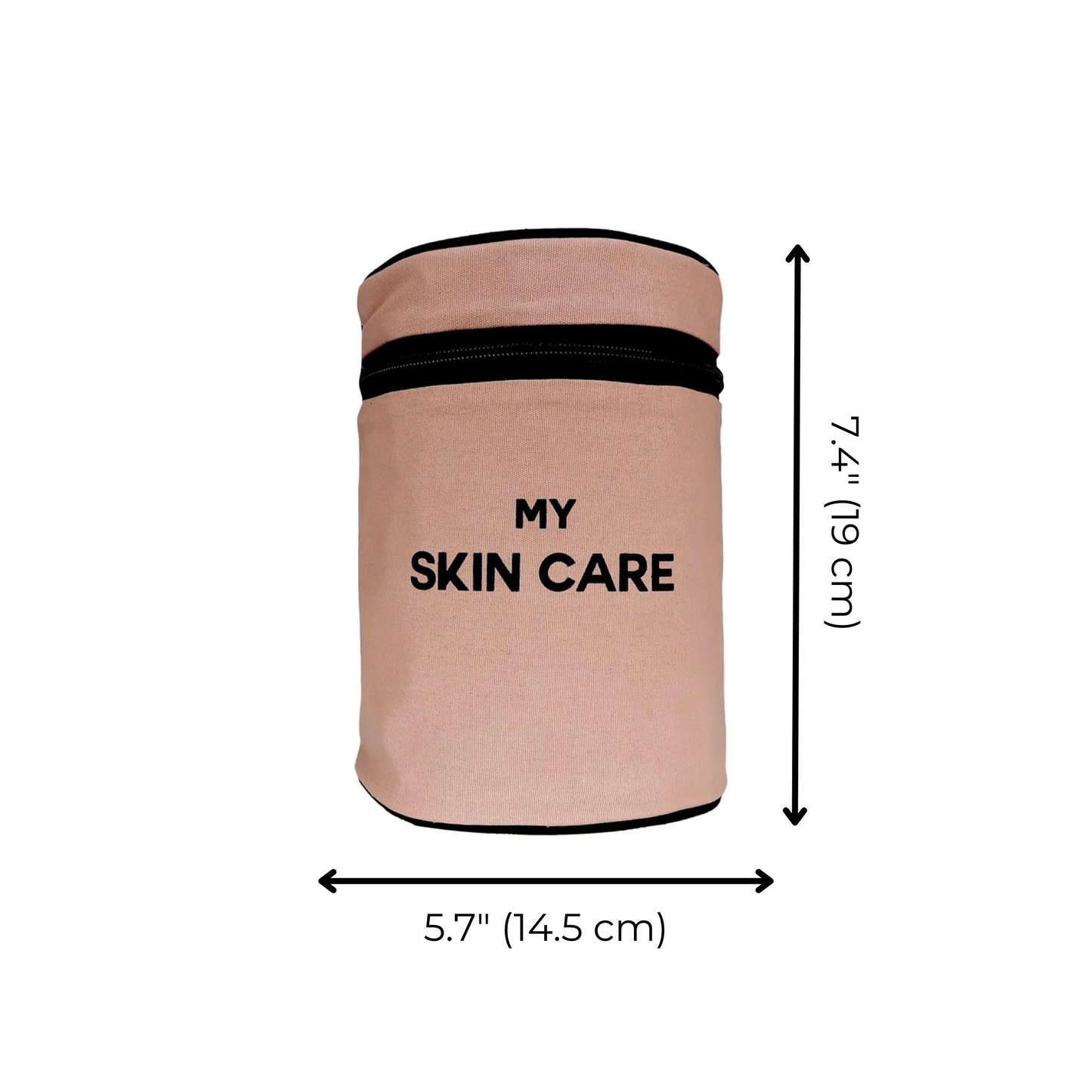 Bag-all Round My Skin Care Case in pink blush, cylindrical organizer with black zipper and text, measures 7.4 inches tall and 5.7 inches wide